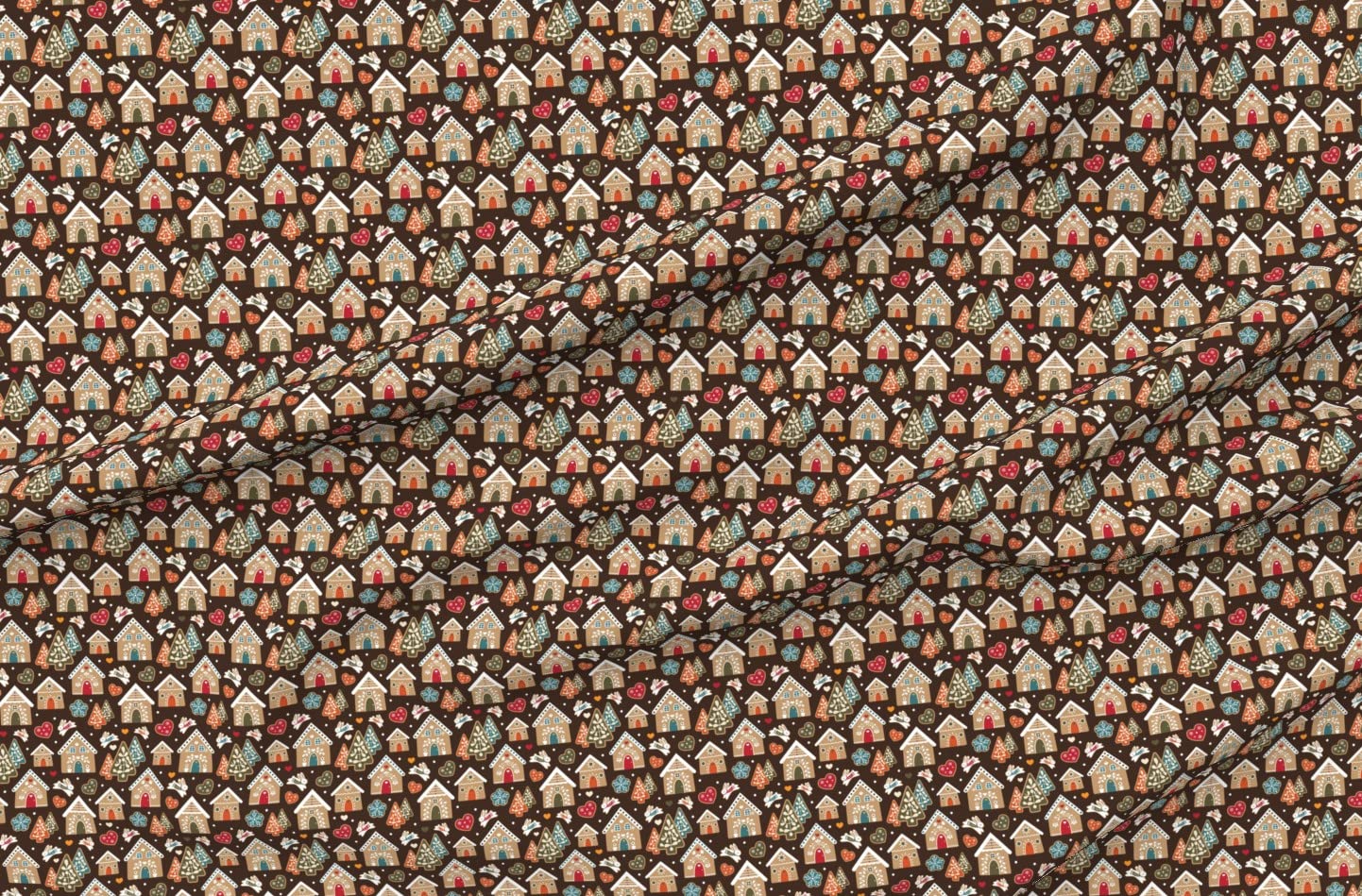 Gingerbread Town Printed Satin Fabric by The Yard - White Green Red Brown Orange Hearts Cookies Design for Sewing, Apparel, Lining, Blankets & Home Decor | Perfect for Christmas Crafts, DIY Projects & Holiday Decorations
