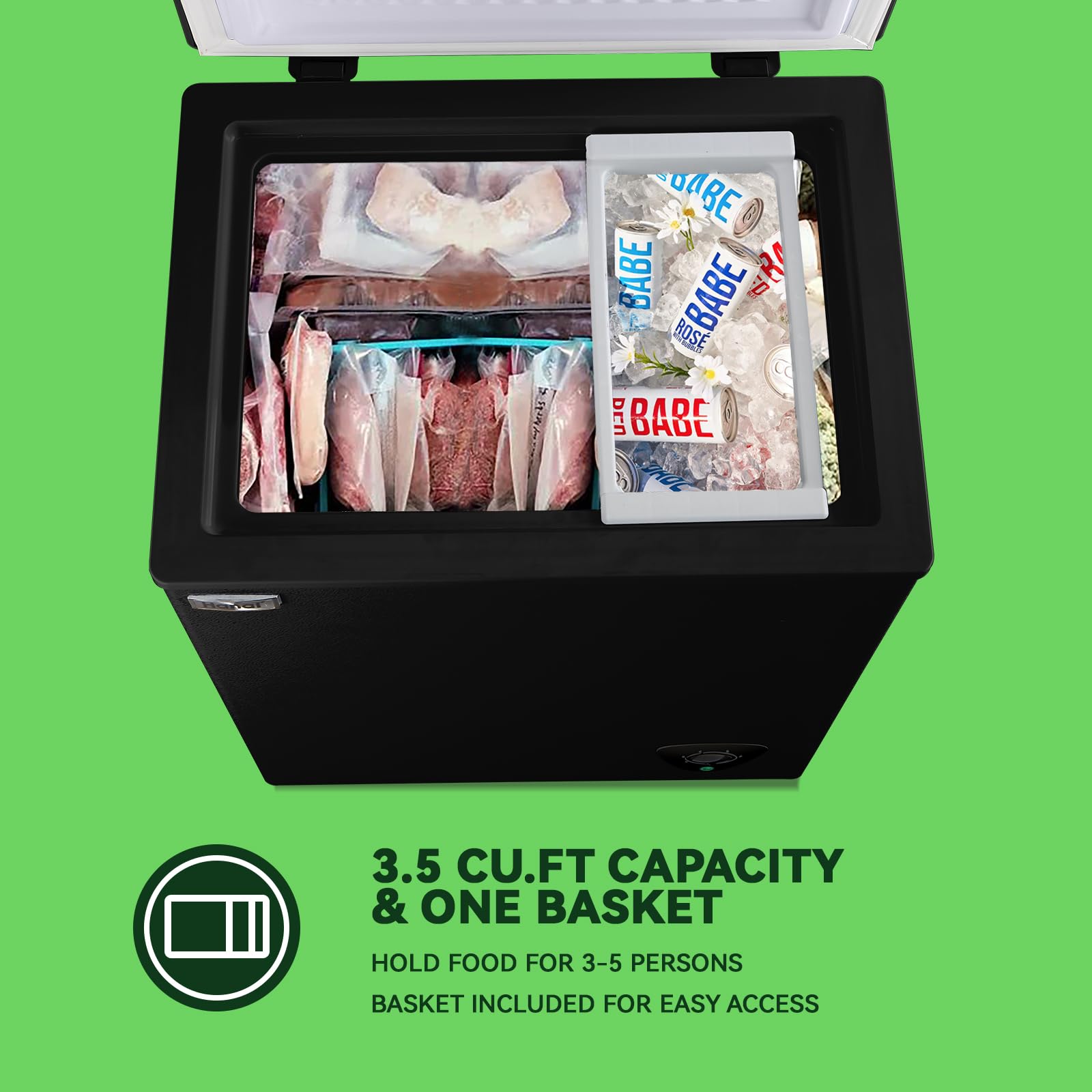 3.5 Cu.Ft Black Chest Freezer - Compact Deep Freezer with Adjustable Thermostat & Removable Basket - Perfect for Garage, Basement, Apartment, Kitchen & Small Business Use