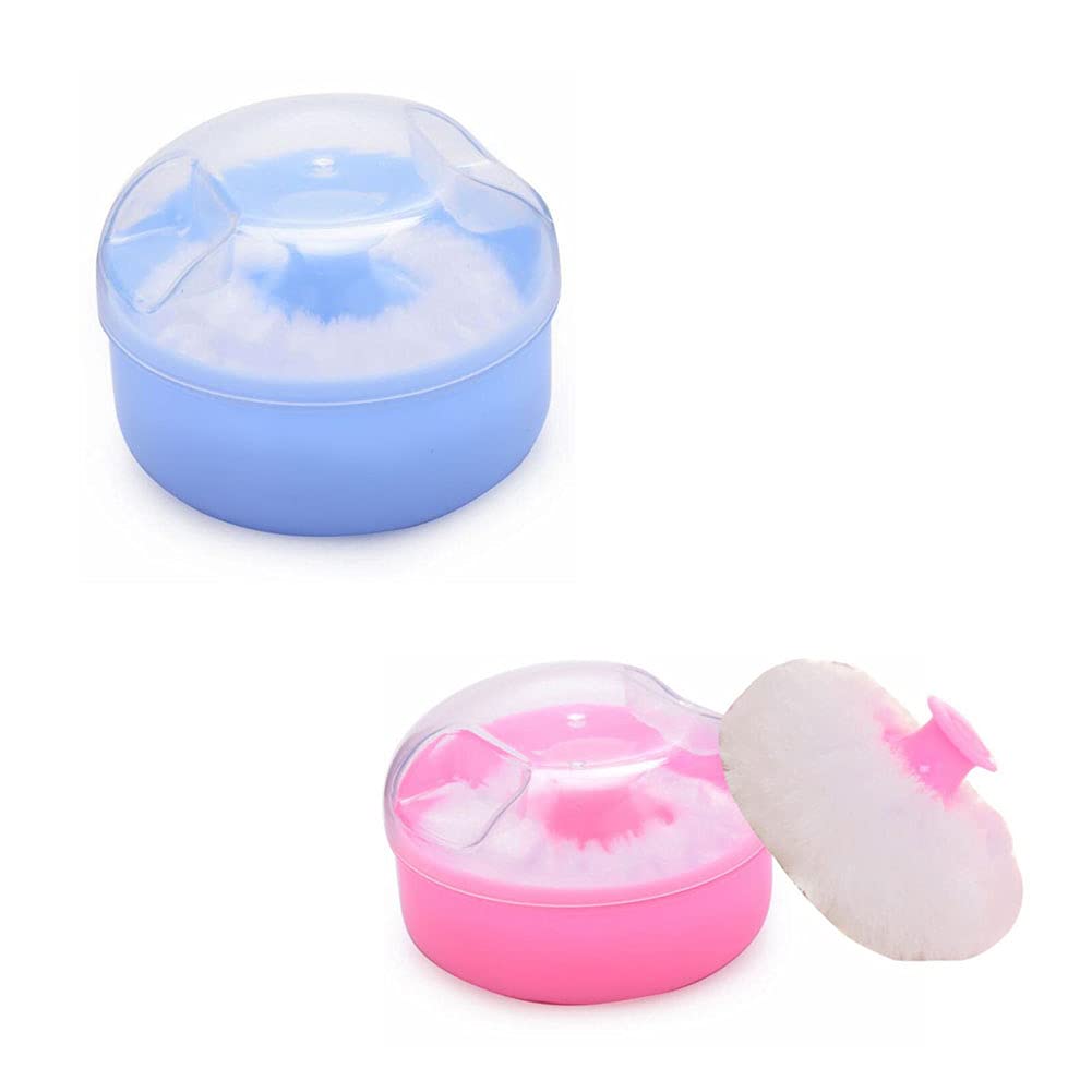 2PCS Soft Baby Powder Puff Sponge Set with Portable Dispenser - Empty Talcum Powder Container for Baby Shower & Diaper Changes (Blue + Pink) - Ideal for Newborn Care, Travel & Home Use