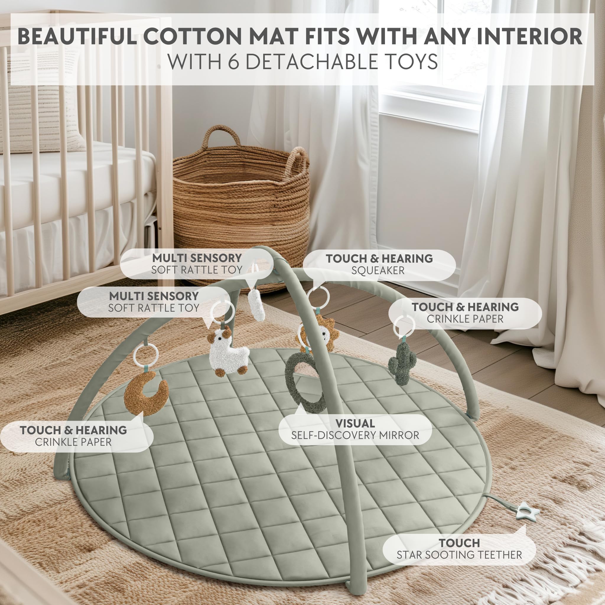 Soft Cotton Baby Play Gym & Tummy Time Mat with 6 Cute Toys - Perfect Activity Mat for Infants & Toddlers - Stylish Nursery Playmat for Boys & Girls - Ideal for Crawling, Sensory Play & Early Development