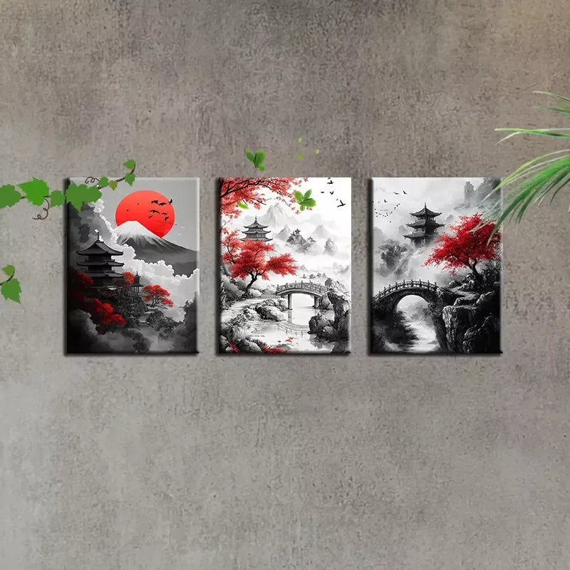 3-Piece Monochrome Mountain, River & Pagoda Art Set - Framed Canvas Wall Decor 50x70cm | High-Quality Print, 100% Australian Made | Ready to Hang | Perfect for Living Room, Bedroom & Office Decor