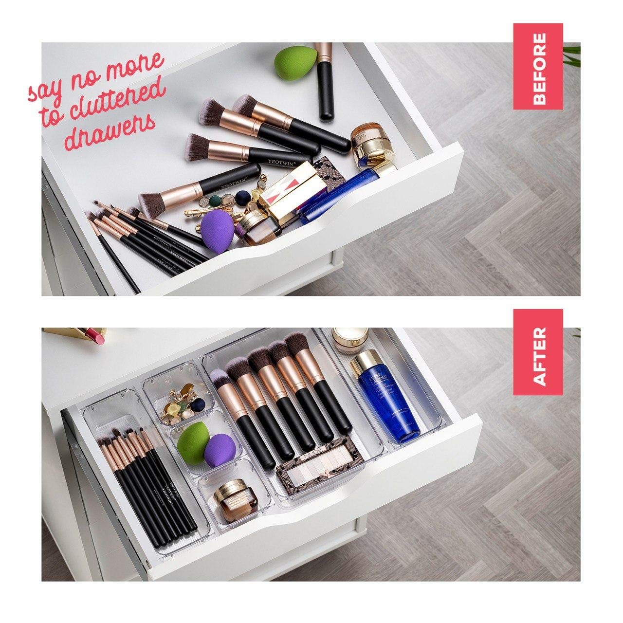 25-Piece Clear Plastic Drawer Organizer Set - 4-Size Versatile Storage Trays for Bathroom, Vanity, Makeup, Kitchen & Office - Perfect for Bedroom, Bathroom and Kitchen Organization