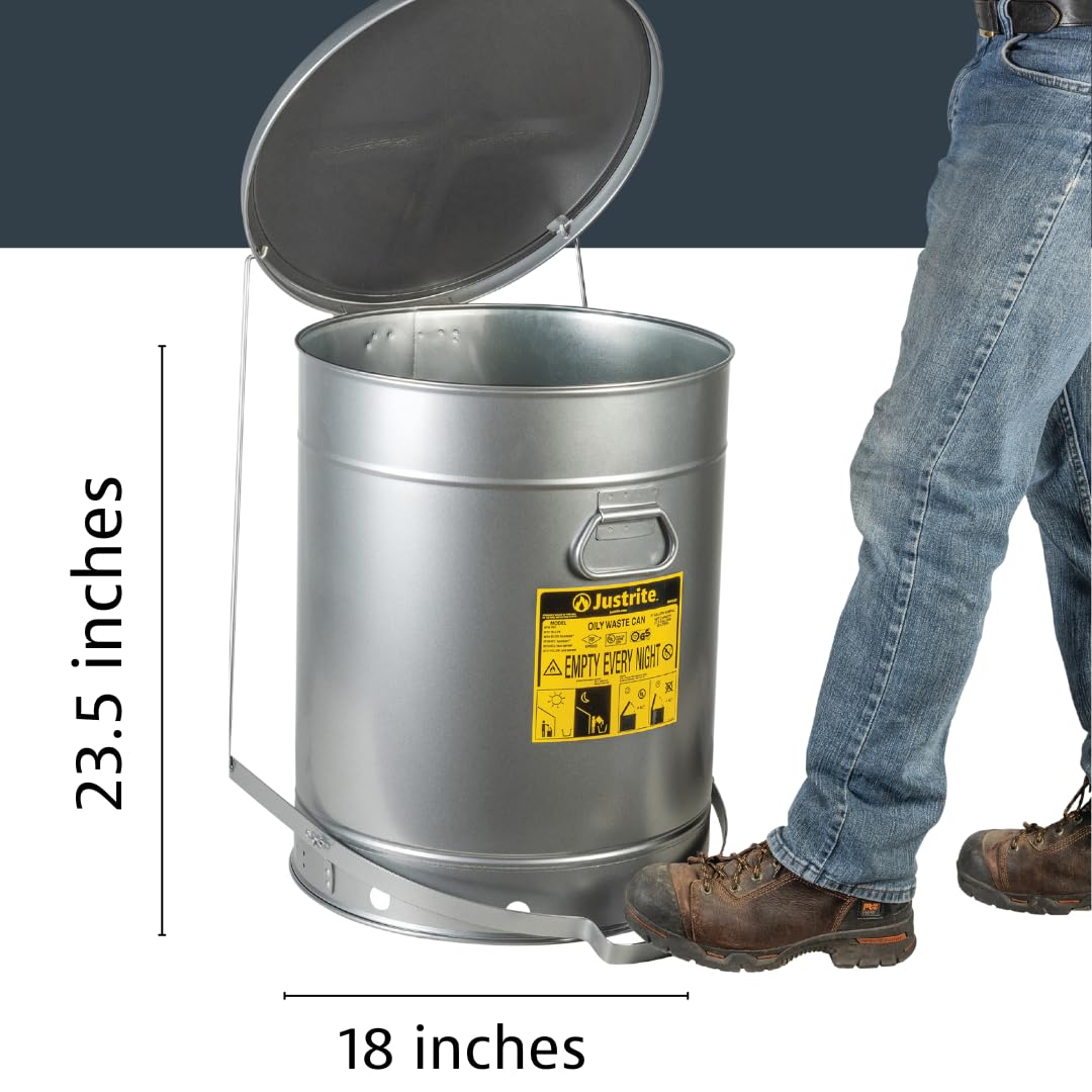 Justrite 21 Gallon Galvanized Steel Oily Waste Can with Foot Pedal Lid - 23.5