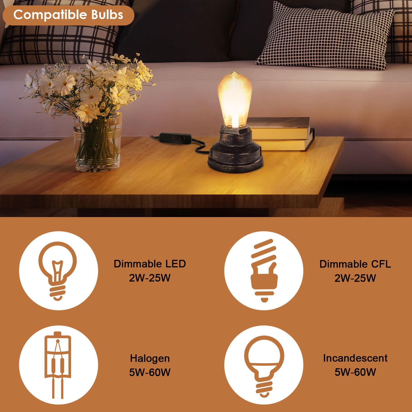 2 Pack Inline Rotary Dimmer Switch - Full Range Dimmer for Table & Floor Lamps, Pendant Lights - Compatible with Dimmable LED, Incandescent & Halogen Bulbs - Perfect for Bedroom, Living Room & Office Lighting Control