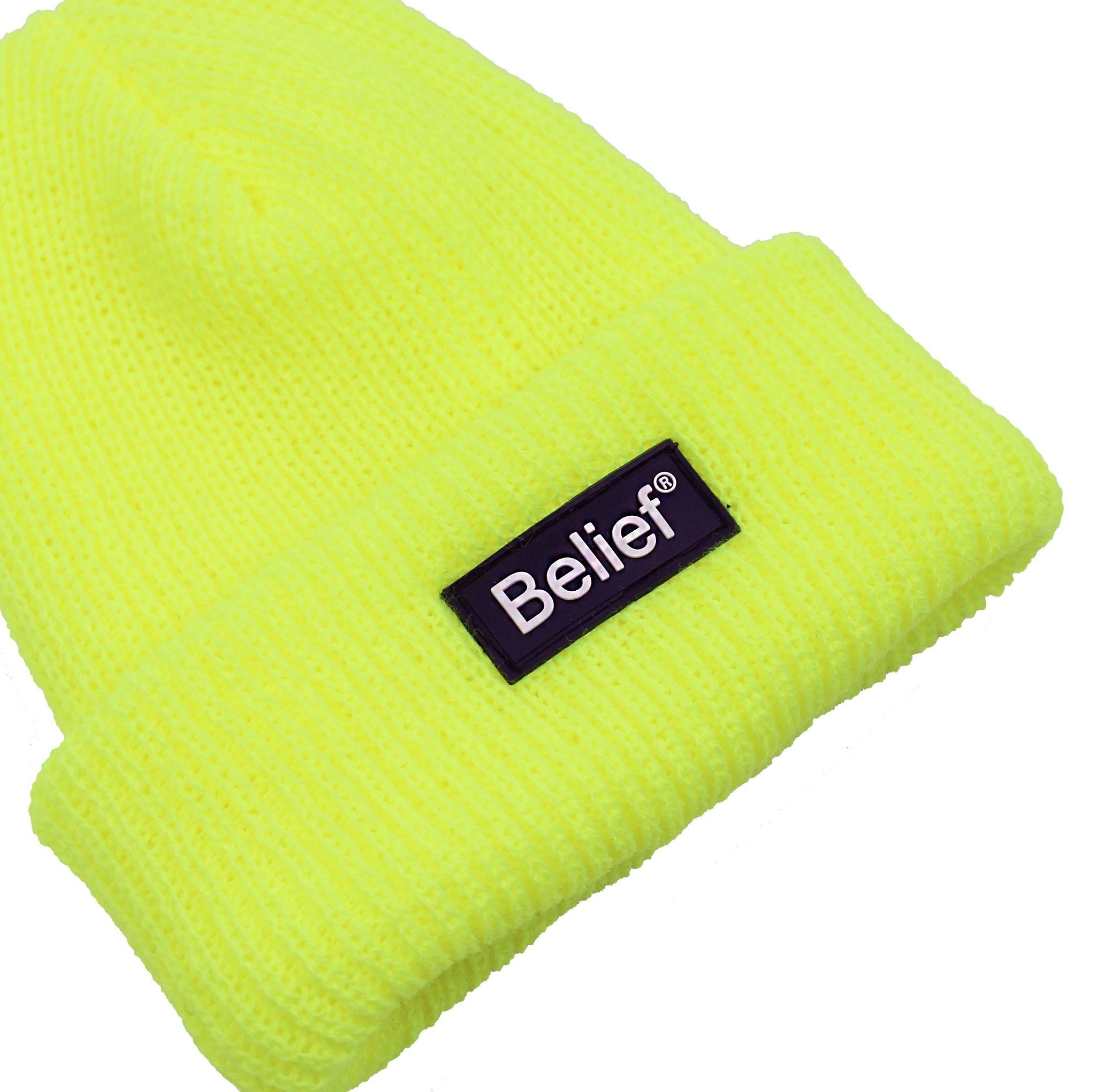 Belief NYC Neon Logo Beanie - Safety Yellow Winter Hat for Men & Women - Perfect for Outdoor Activities, Skiing, Snowboarding & Cold Weather Fashion