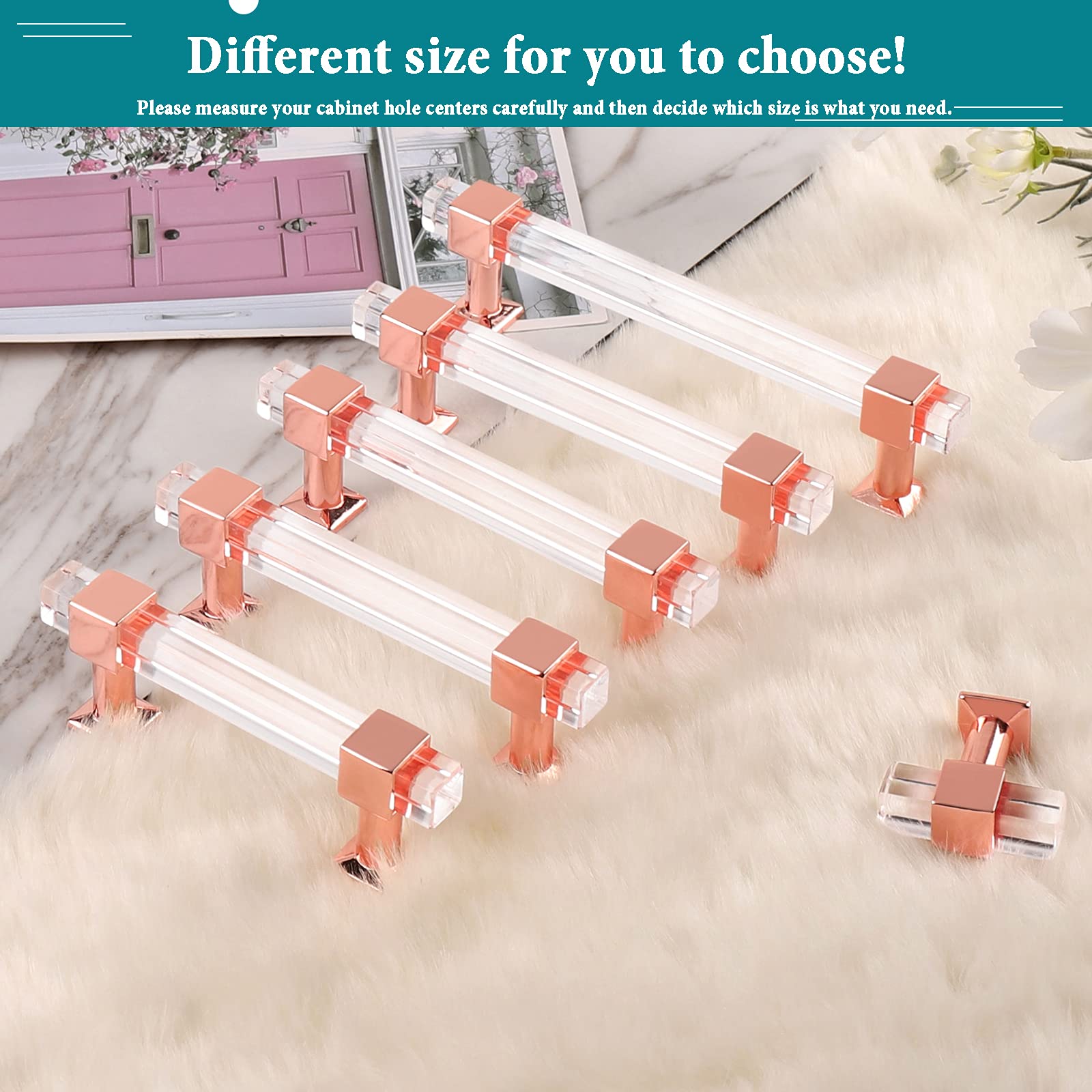 30 Pack Clear Acrylic Cabinet Handles with Rose Gold Finish - 3 Inch Hole Centers Modern Square Drawer Pulls for Kitchen & Bathroom Cabinets - Perfect for Home Renovation, Furniture Upgrade and Interior Decor