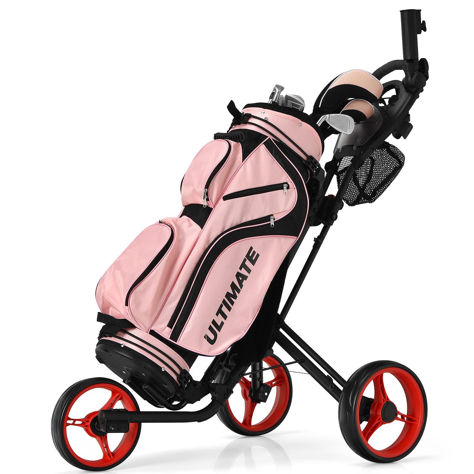 **Tangkula Lightweight Aluminum 3-Wheel Golf Push Pull Cart - Foldable Golf Trolley with Storage Bag, Beverage Holder & Foot Brake - Adjustable Umbrella Holder & 4 Height Positions - Perfect for Golf Courses & Outdoor Sports**