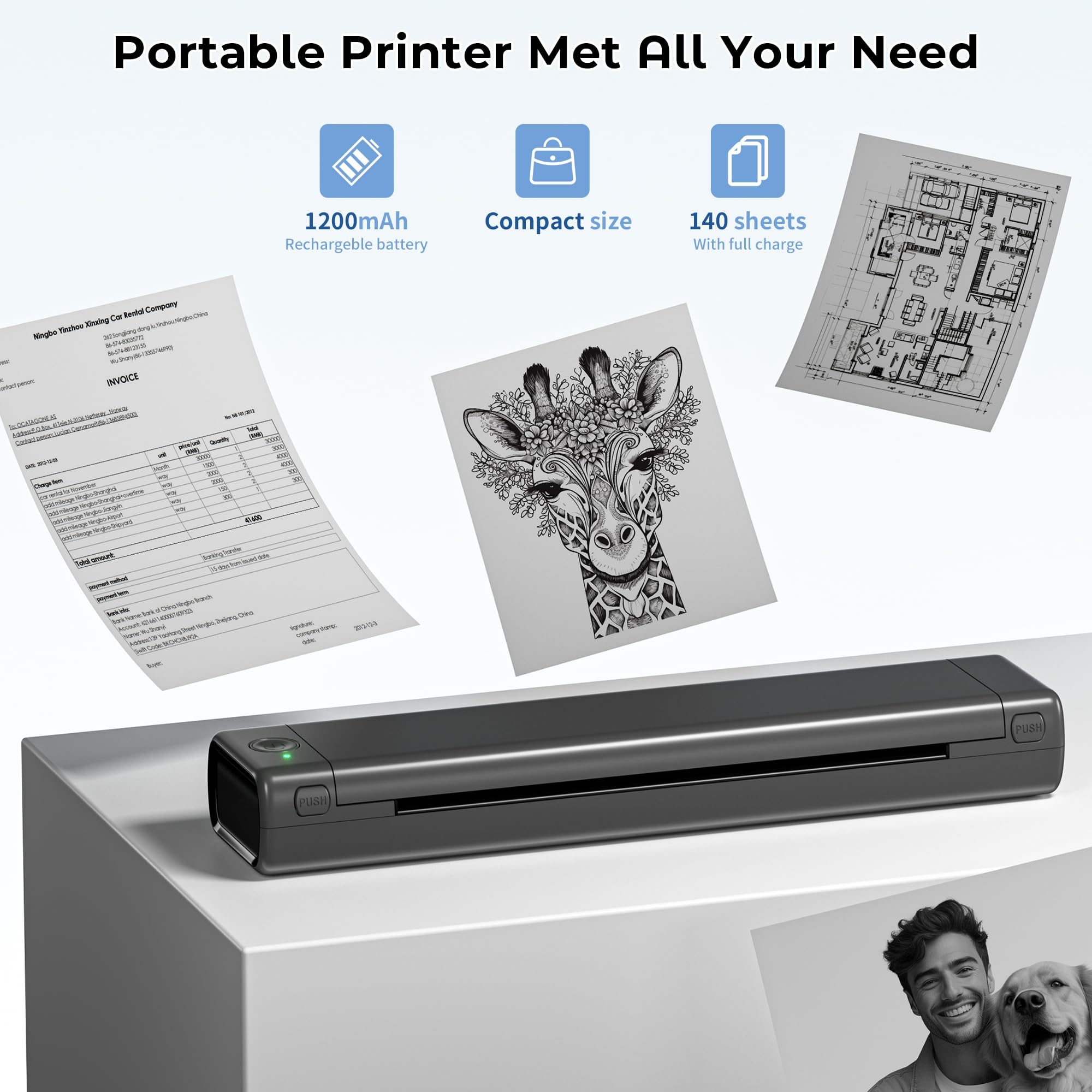 Wireless Portable Printer for Travel - M08F Inkless Thermal Printer, Supports 8.5