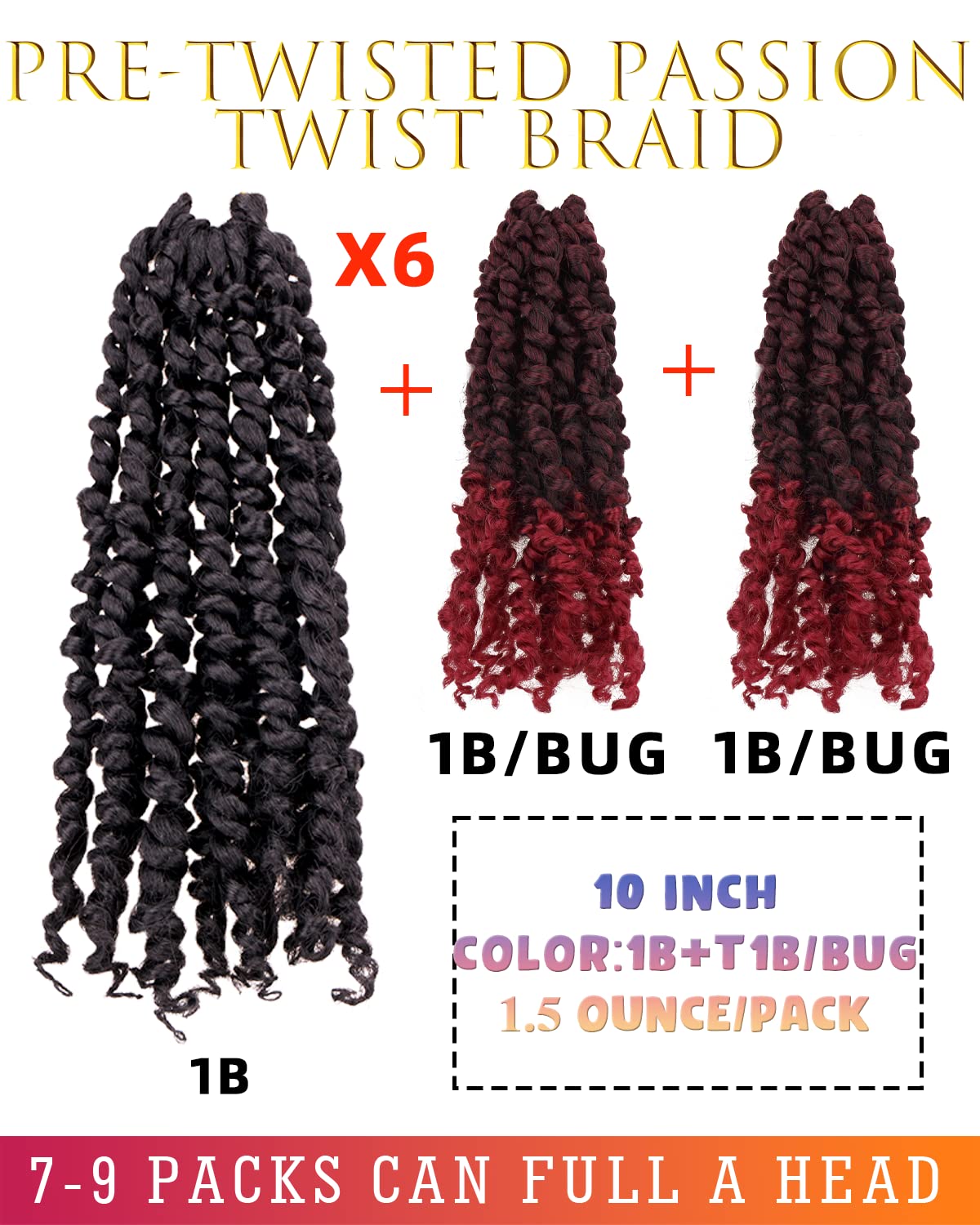 10 Inches 8 Packs Passion Twist Crochet Hair for Black Women - Mixed Color Combo (6 Packs 1B + 2 Packs T1B/BUG) - Pre-Twisted Soft Synthetic Braiding Hair Extensions - Perfect for Protective Styles, Box Braids, and Natural Hair Care (10