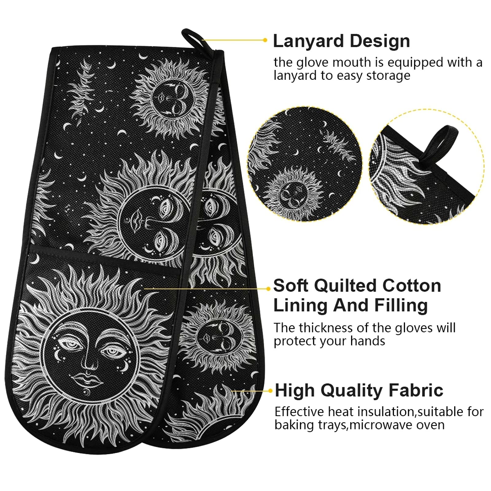 **Heat Resistant Oven Mitts & Pot Holders Set - Tribal Ethnic Moon Black White Design - 35
