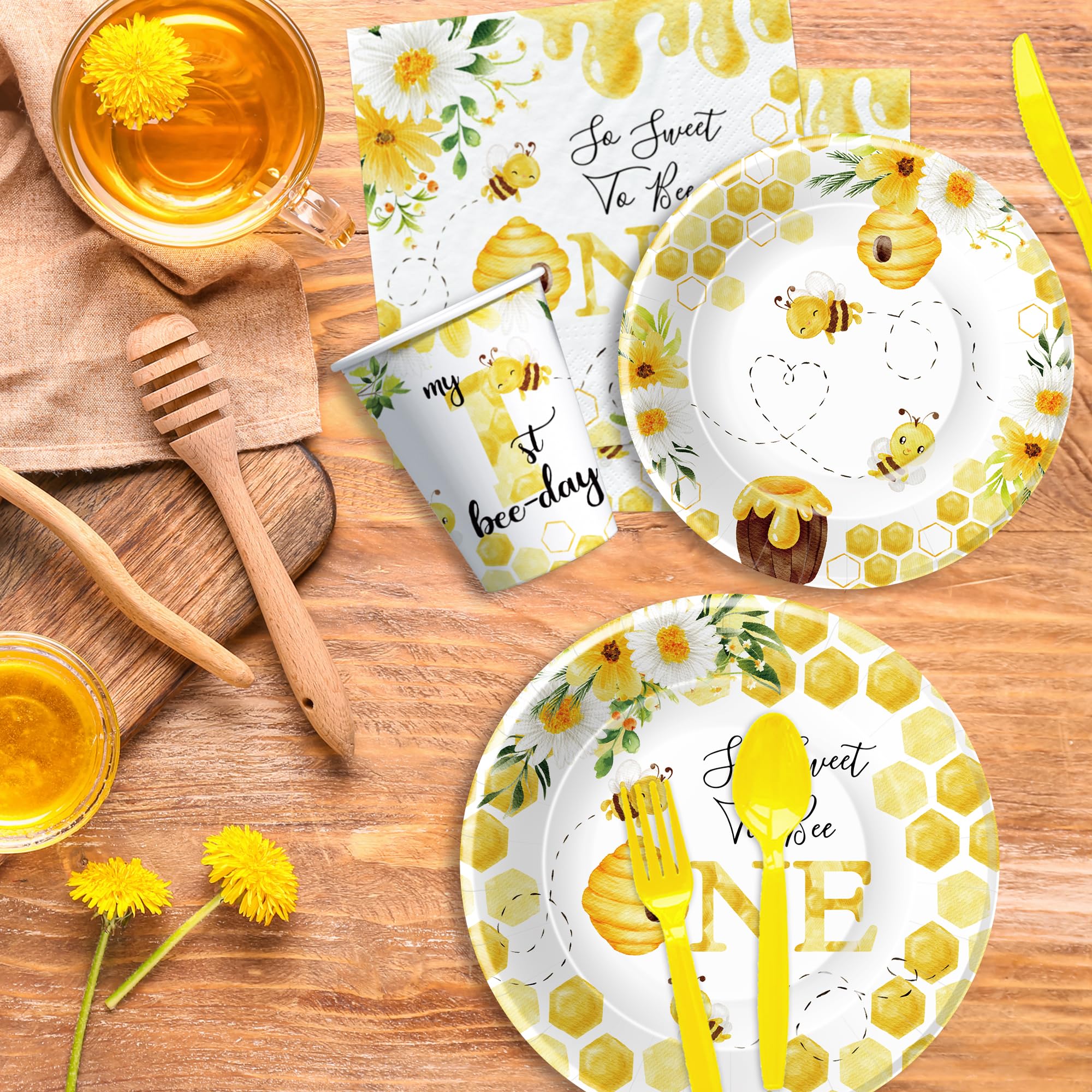 1st Birthday Bee Party Supplies - Bumble Bee Themed Decorations, Dinnerware Set (Plates, Cups, Napkins, Forks) for Baby's First Birthday | 24-Piece Set - Perfect for 1-Year-Old Birthday Parties, Baby Showers & Bee-Themed Celebrations