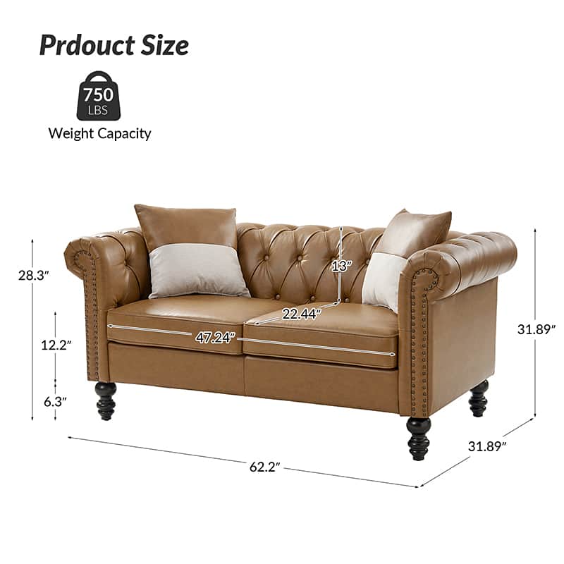 Premium Olga PU Leather Classic Rolled Arms Sofa - Modern Living Room Furniture with 2 Decorative Throw Pillows | Perfect for Small Spaces, Apartments & Cozy Home Decor
