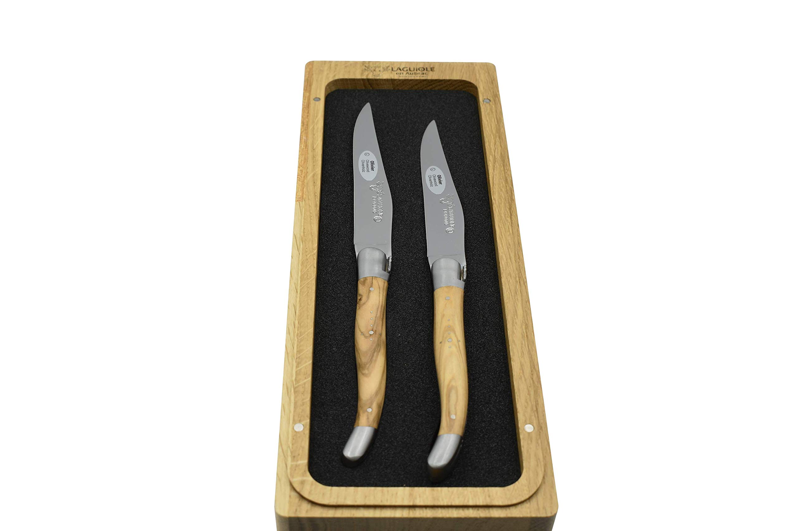 Premium Laguiole en Aubrac Forged Full Tang Steak Knives Set - 2-Piece Stainless Steel Blades with Olivewood Handle & Matte Bolsters - Perfect for Fine Dining, Steakhouse Experience & Gourmet Gifts