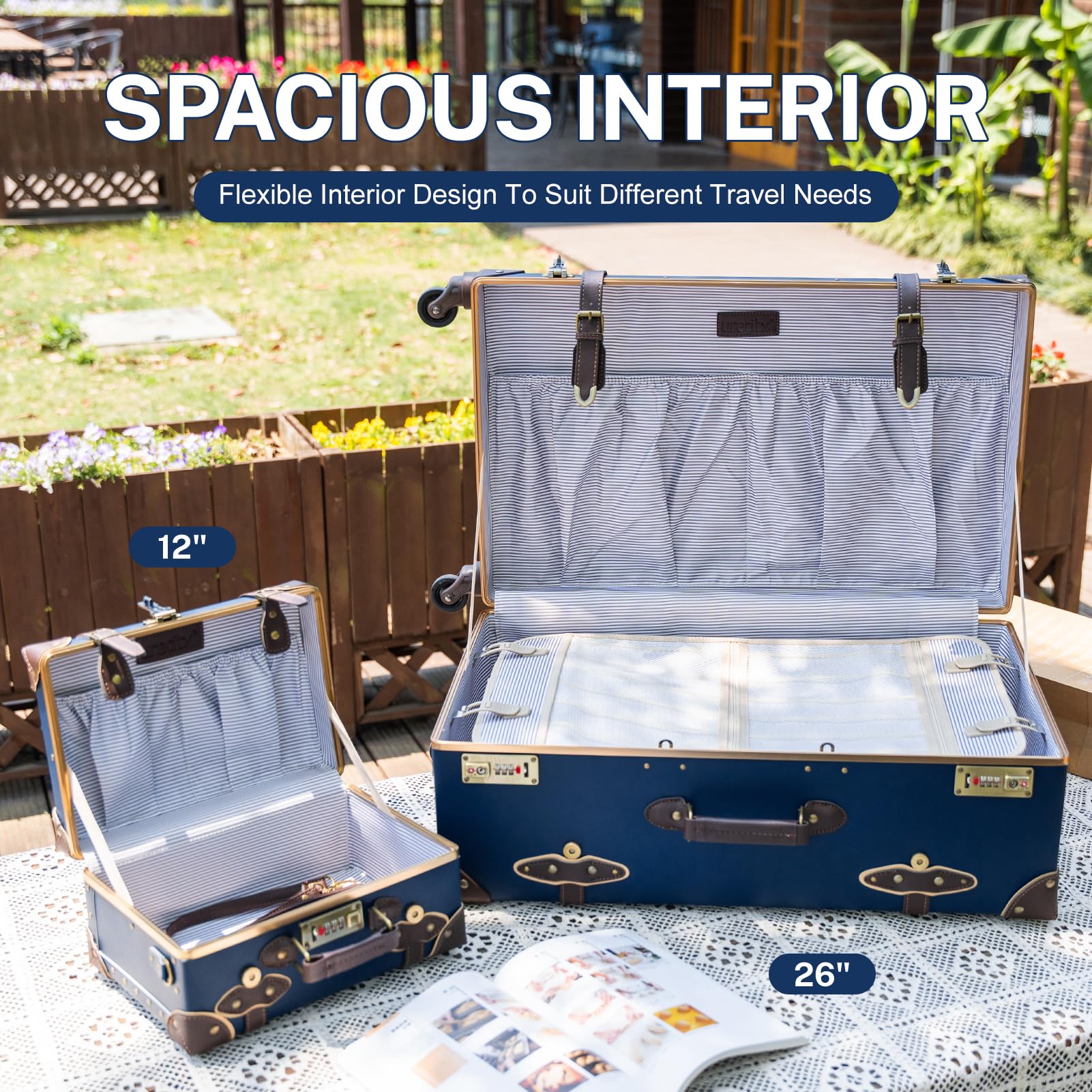 Vintage Leather Luggage Set for Women - 2 Piece Retro Suitcase with Spinner Wheels & Beauty Case, Cute Designer Trunk (Navy Blue, 26