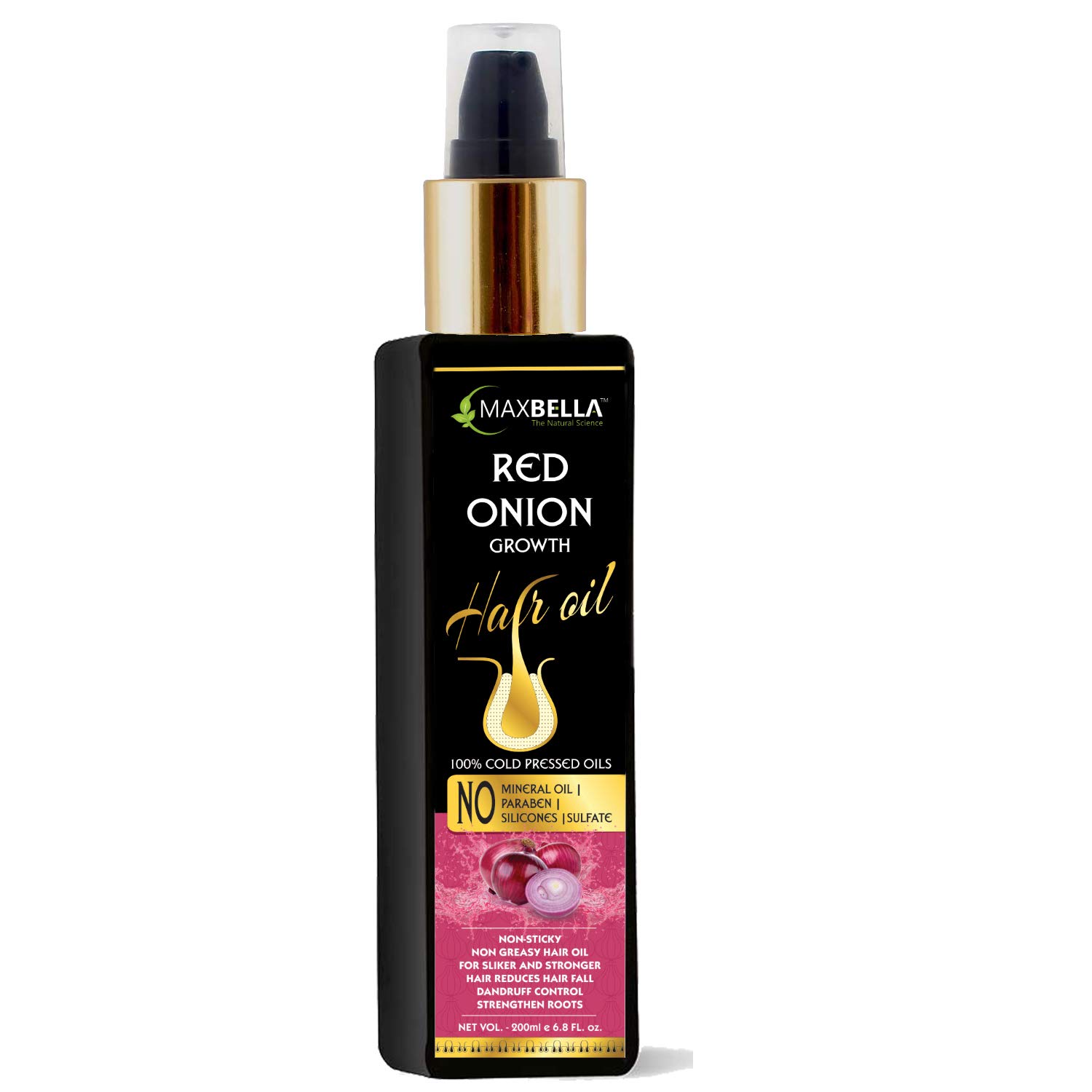 MaxBella Onion Hair Oil for Hair Growth & Anti-Hair Fall - Natural Blend with Onion, Coconut & Castor Oil | No Mineral Oil, Color or Silicone | Non-Sticky Formula (200ml) | Promotes Thicker, Healthier Hair for Daily Nourishment & Styling
