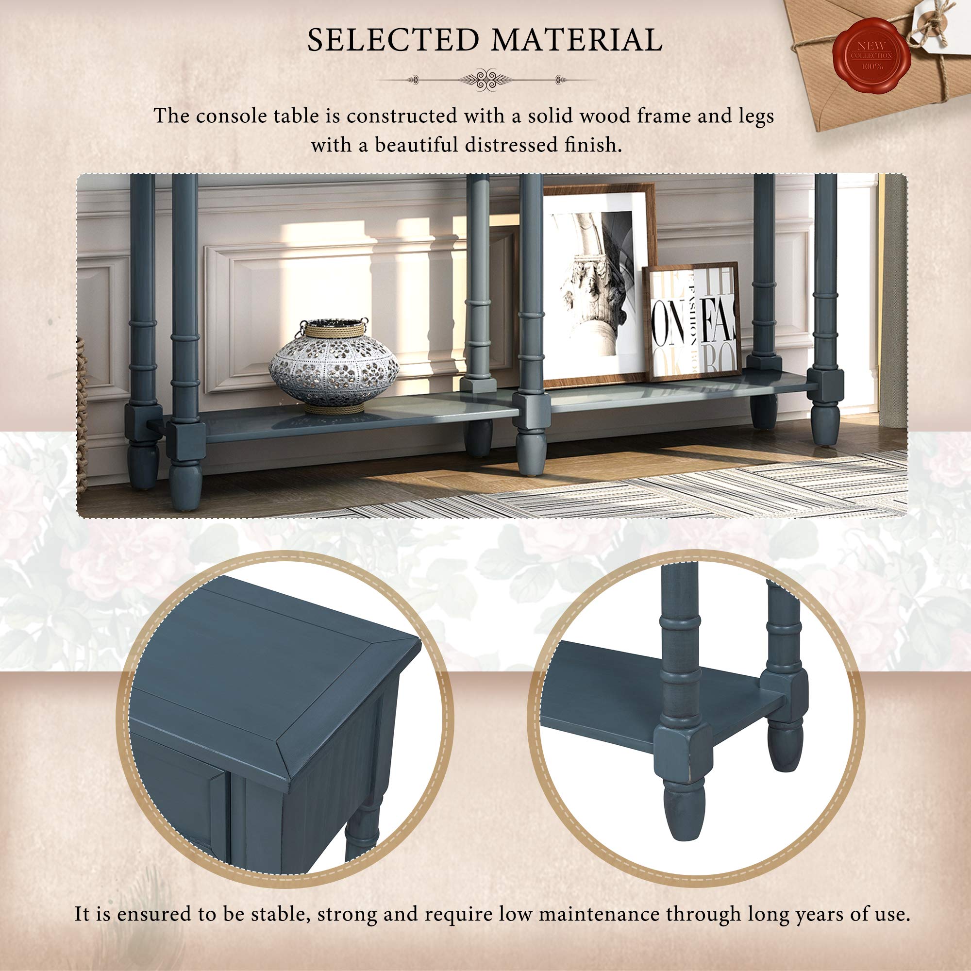 Solid Wood Console Table with 2 Storage Drawers & Shelf - Antique Navy Sofa Table for Living Room, Entryway, Hallway | Perfect for Home Decor & Small Space Organization