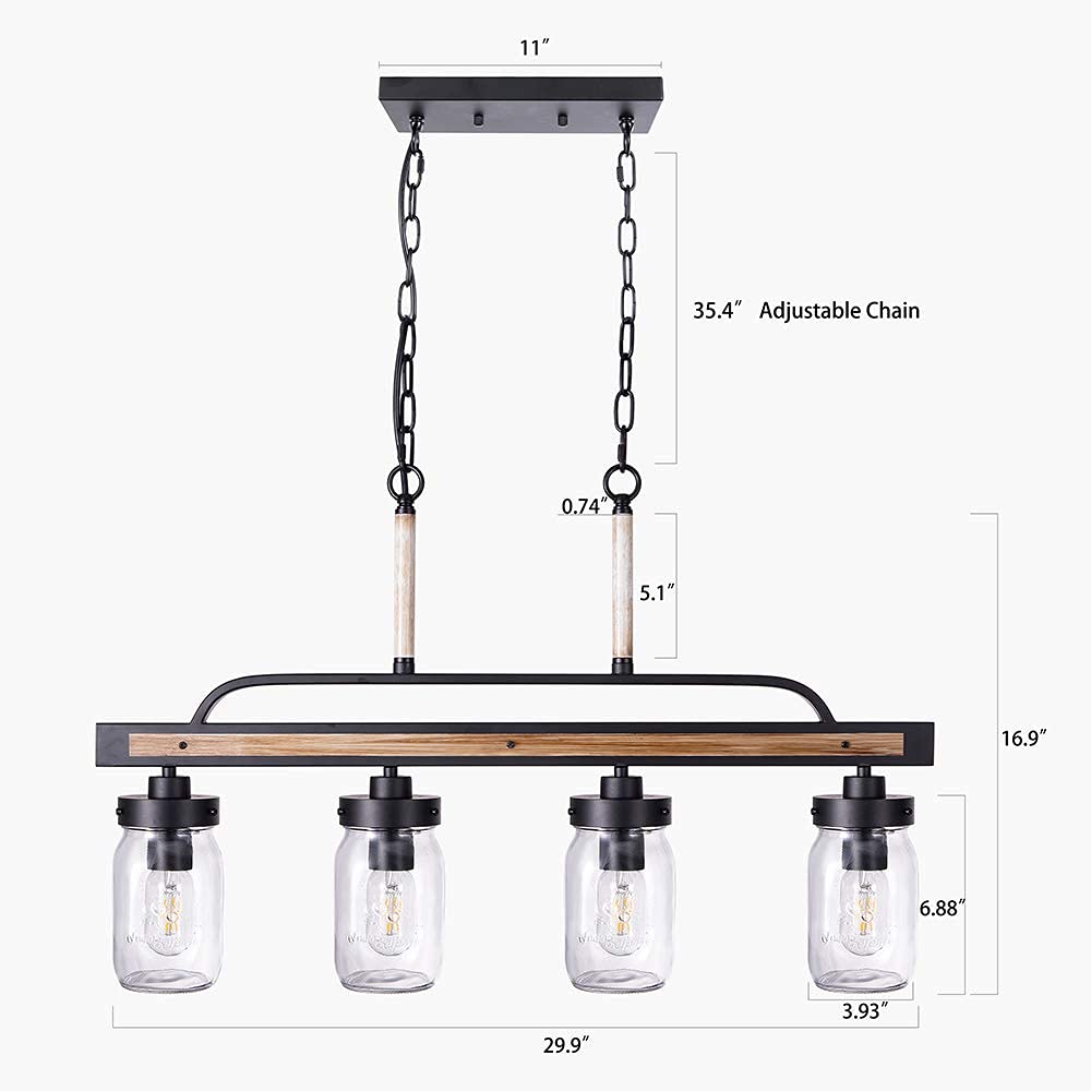 Wellmet Farmhouse Dining Room Chandelier - Black Mason Jar Pendant Light with Faux Wood & Glass Shade | Rustic Linear Cluster Hanging Fixture for Kitchen Island, Dining Table, Restaurant, Cafe & Country Home Decor