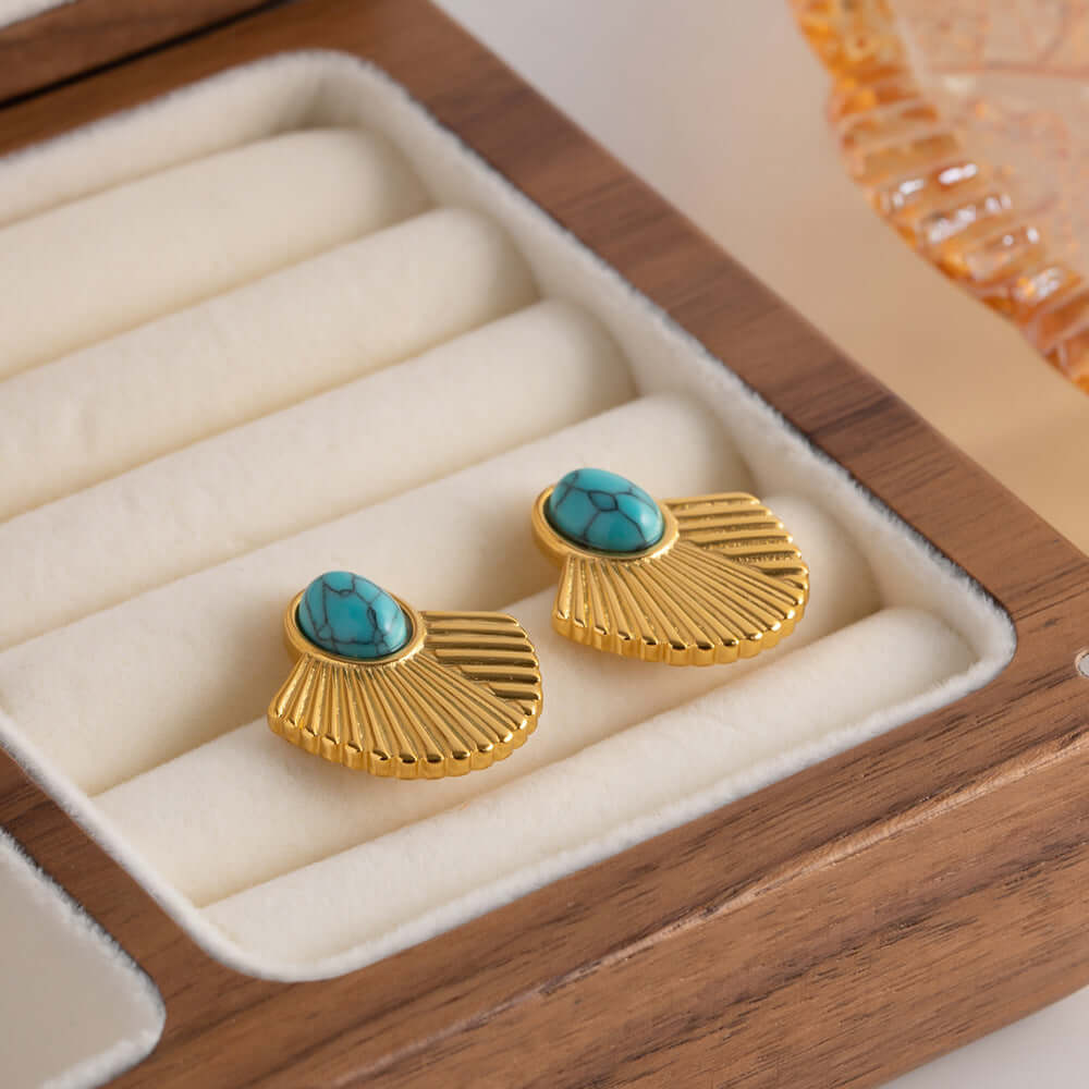 Evil Eye Fan Shaped Huggie Hoop Earrings for Women - Gold & Blue Boho Dangle Earrings for Everyday Wear, Gift Giving & Spiritual Protection | JDE061