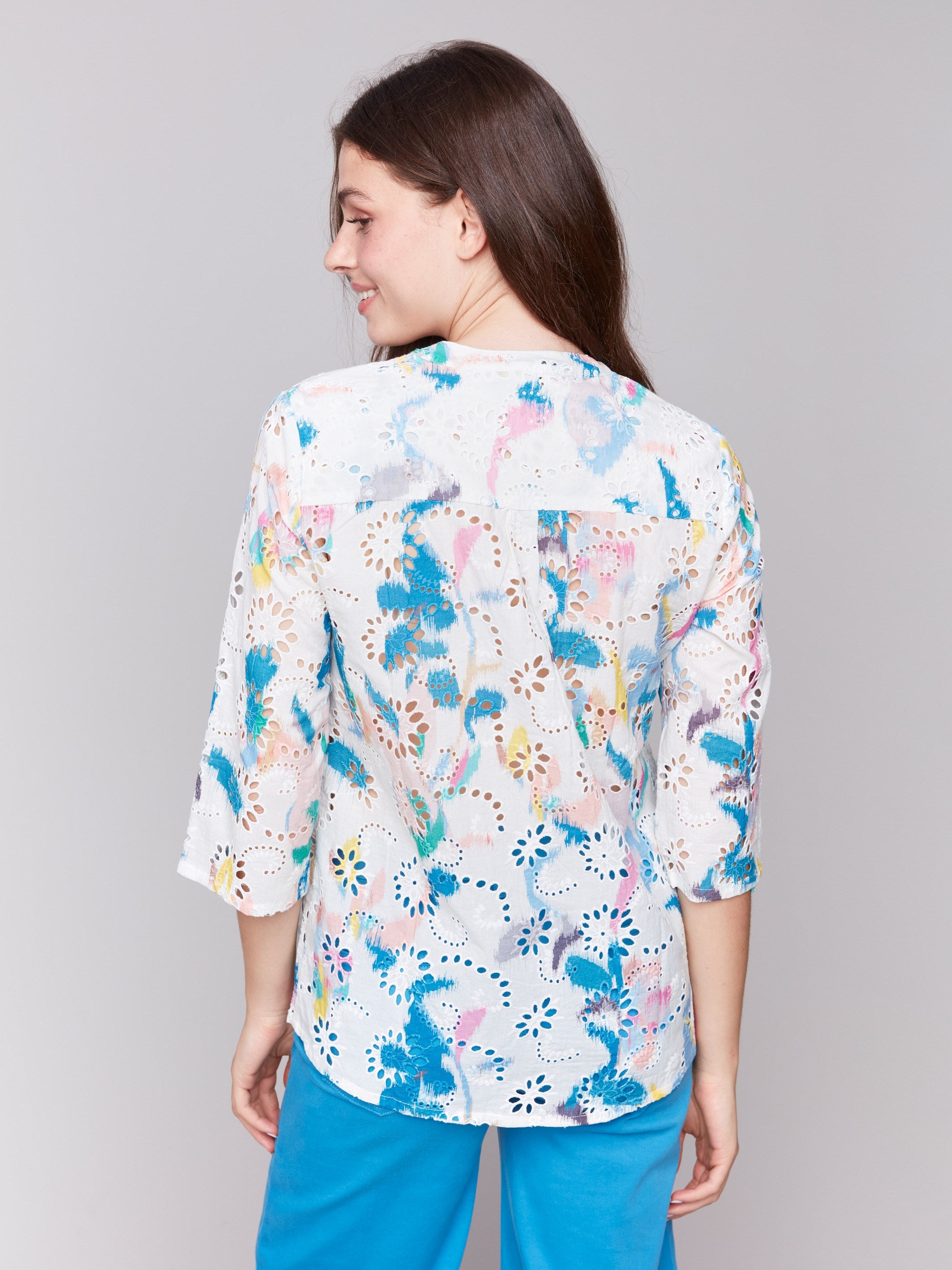 Stylish Printed Cotton Eyelet Half Button Blouse for Women - Perfect for Summer Outfits, Beach Vacations & Casual Office Wear