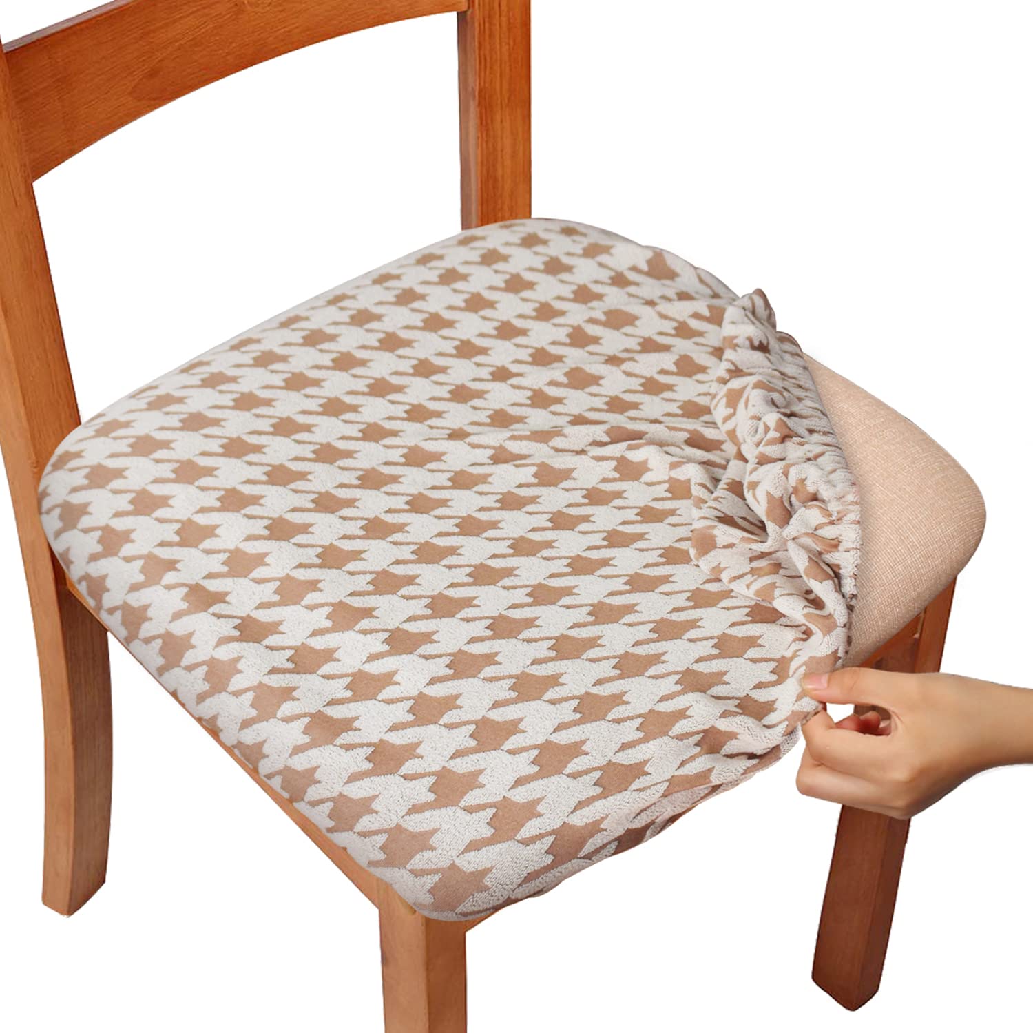 Stretch Jacquard Dining Chair Covers Set of 4 - Breathable Slipcovers with Ties for Kitchen, Office & Dining Room Chairs - Beige Seat Protectors for Home Decor & Comfort