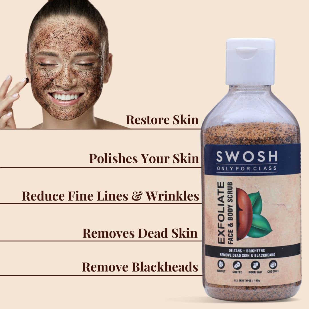 SWOSH Coffee Body Scrub for Women & Men - 140g Exfoliating Tan Remover for Face, Neck, Arms, Legs & Feet with Walnut, Rock Salt & Coconut Oil - Skin Brightening & Polishing Scrub for Spa Day & At-Home Skincare Routine