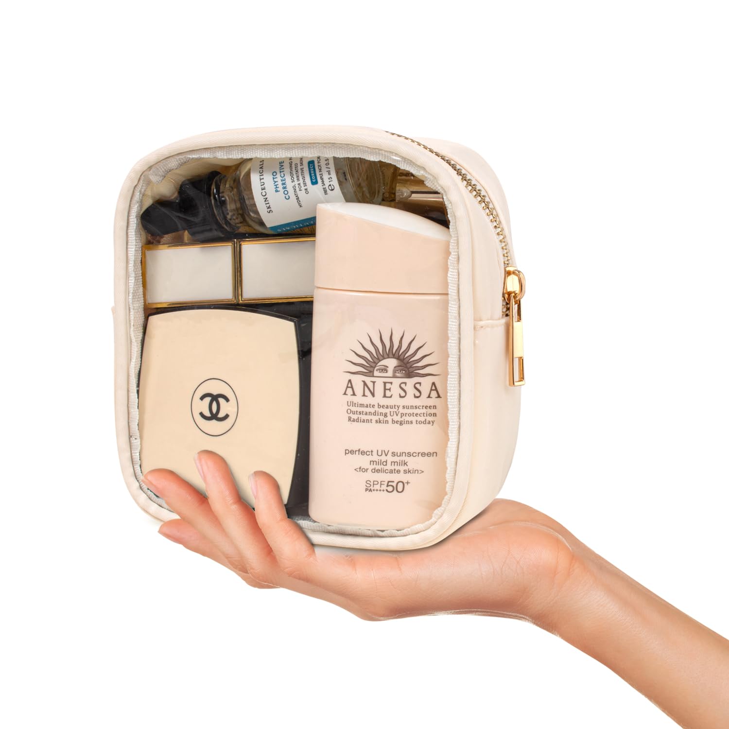 LETGO Small Clear Makeup Bag - Travel Size Cosmetic & Toiletry Organizer for Women | Cute Purse Accessories, Coin Pouch & Car Storage Essentials | Perfect for Travel, Gym & Daily Use (Clear-Beige)