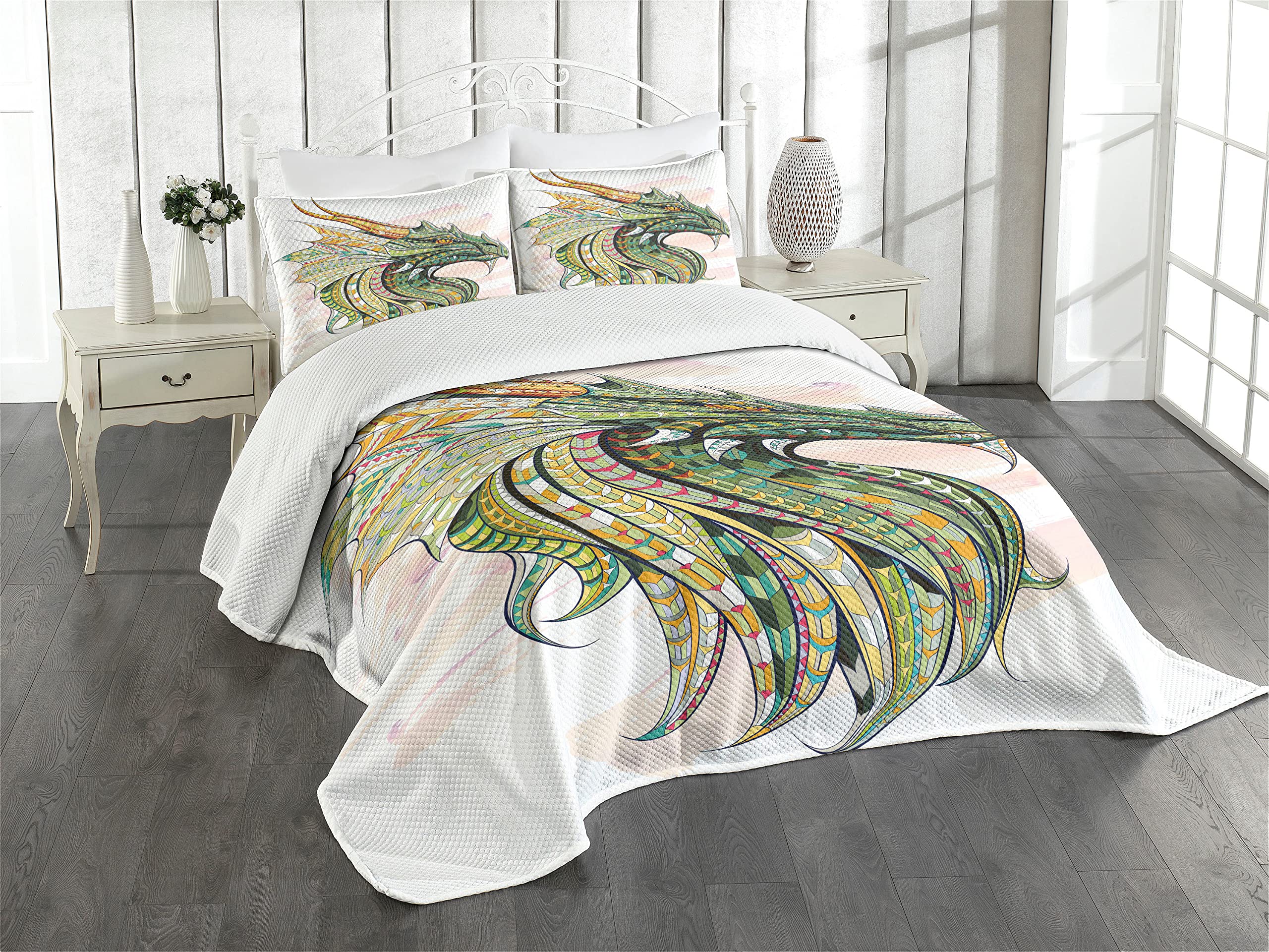 Ambesonne Celtic King Size Bedspread Set with Dragon Head Design - 3 Piece Decorative Bedding Coverlet and 2 Pillow Shams, Mythical Illustration on Grunge Backdrop, Multicolor - Perfect for Medieval, Fantasy or Gothic Themed Bedrooms