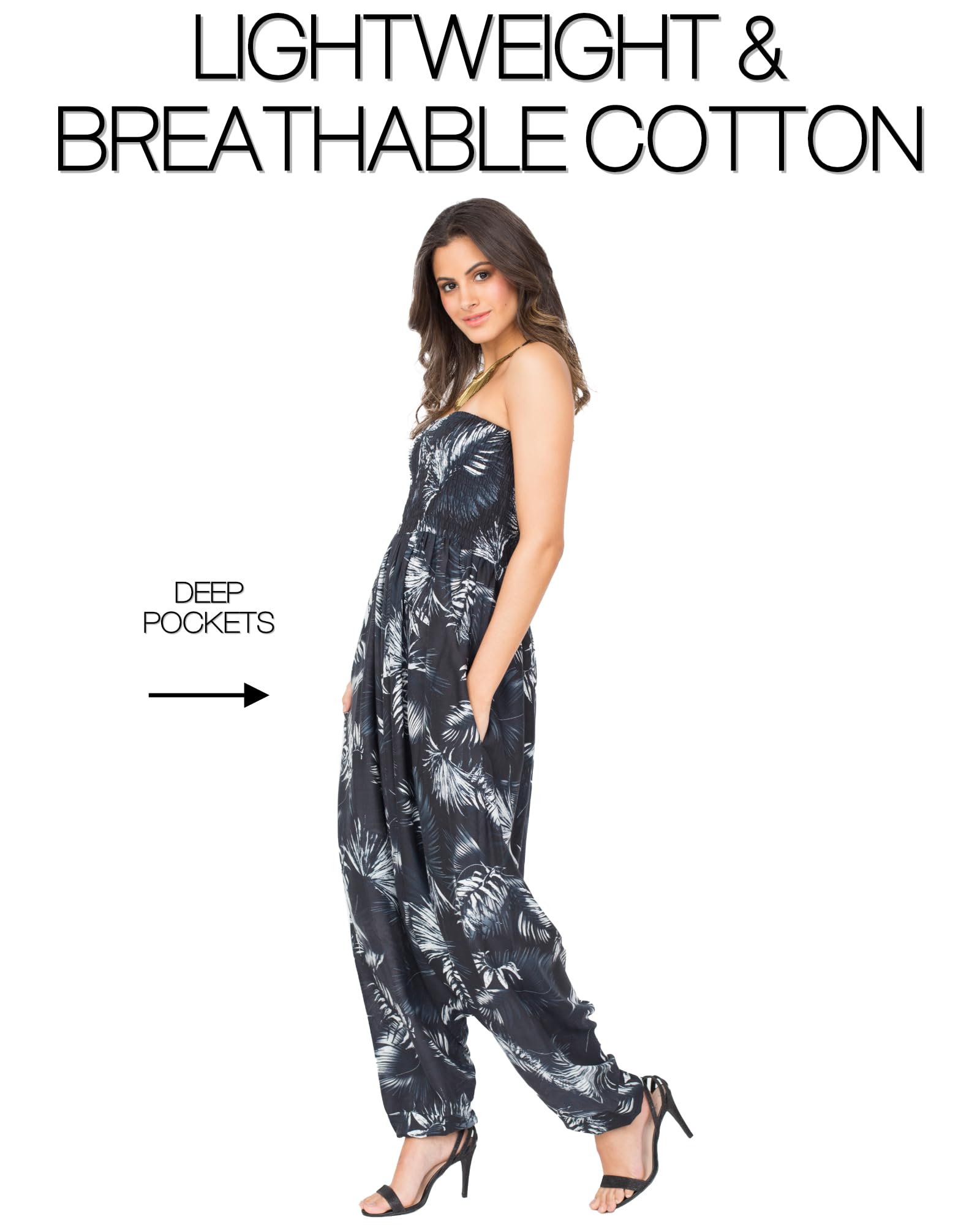 Likemary Women's Harem Jumpsuit - Convertible Romper to Harem Pants - One Size Cotton Jumpsuit with Boho Print & Pockets - Perfect for Yoga, Beach, and Boho Fashion Outfits