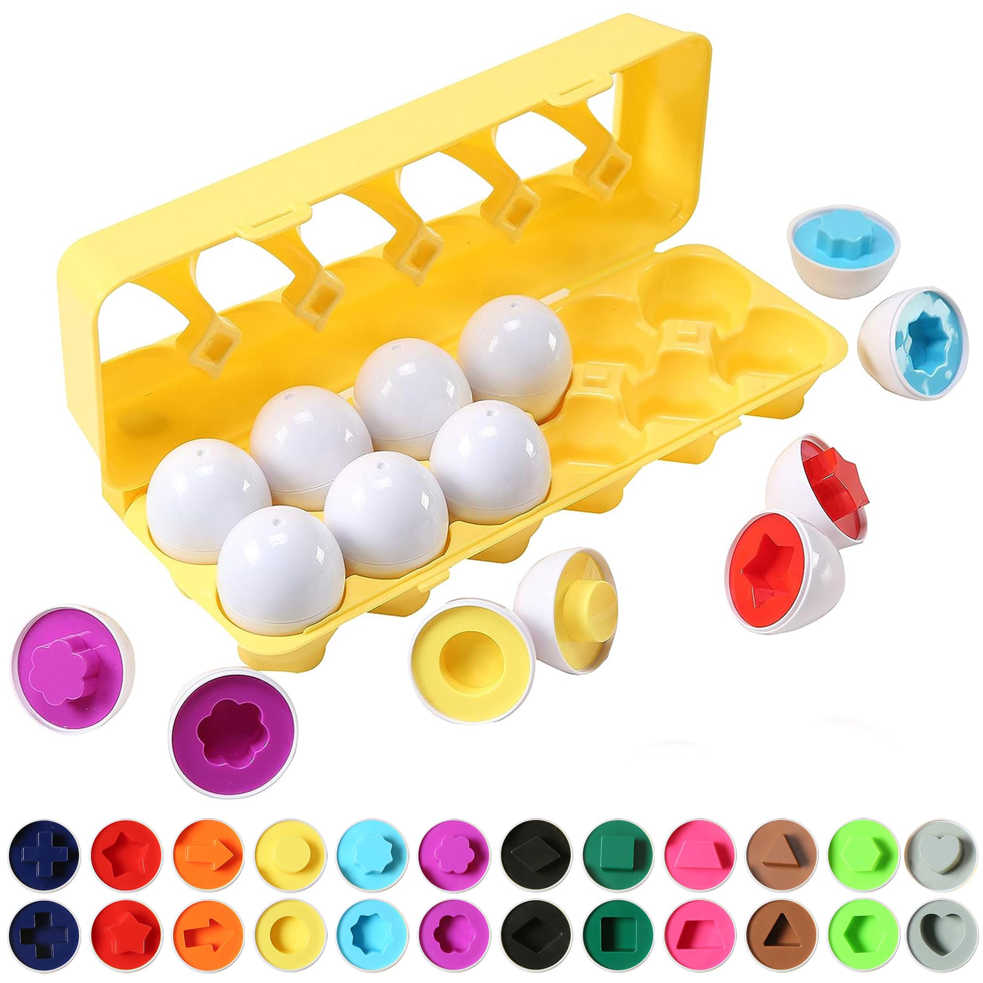 Dimple Fun Easter Egg Matching Toy Set (12 Eggs) - STEM Learning Toys for Toddlers, Shape & Color Recognition, Educational Easter Basket Stuffers, Kids Puzzle Game - Perfect for Easter Gifts, Classroom Activities & Preschool Learning