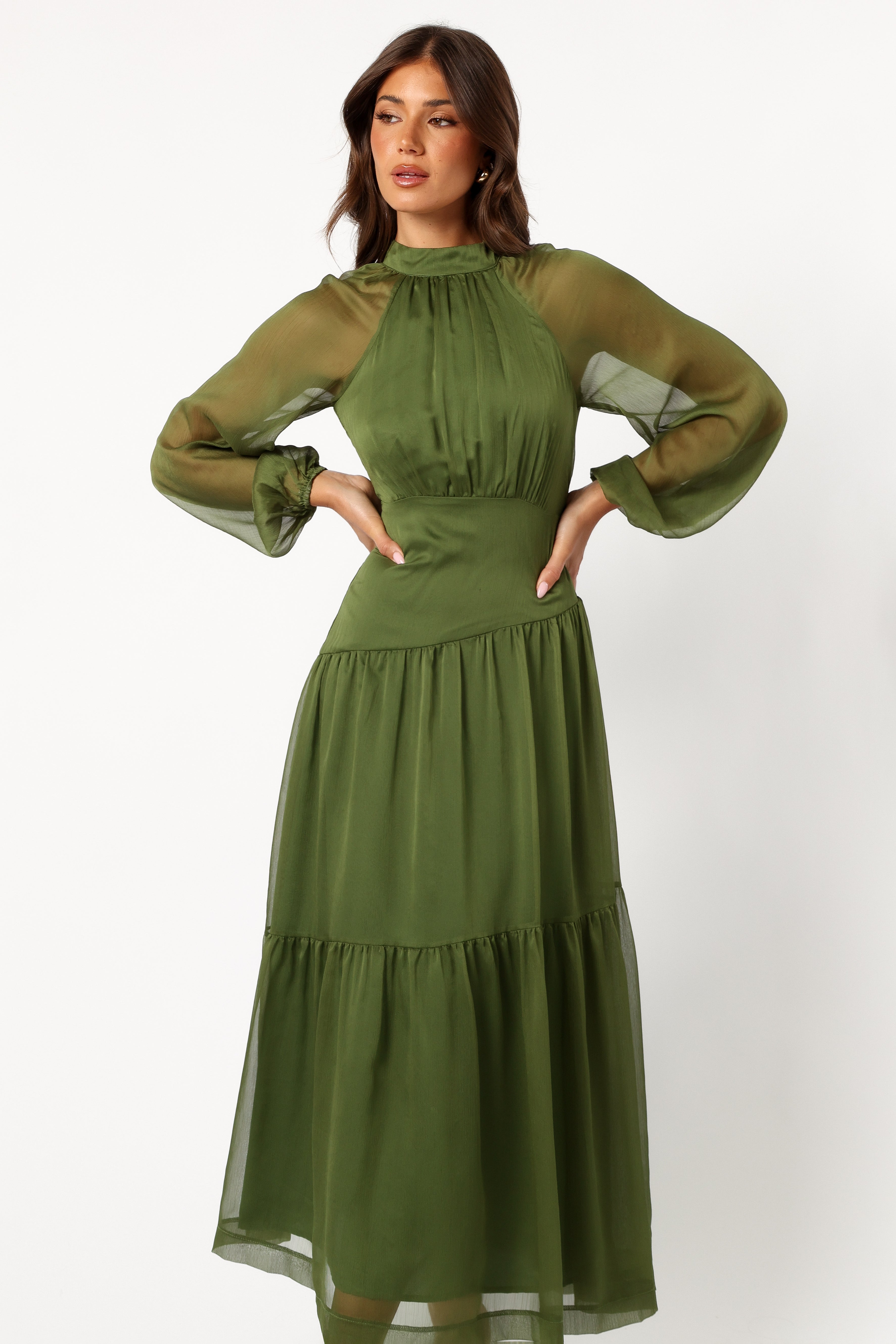 Julip Sheer Long Sleeve Maxi Dress for Women - Olive Green Flowy Boho Beach Cover Up Dress for Summer Vacation, Date Night & Outdoor Parties