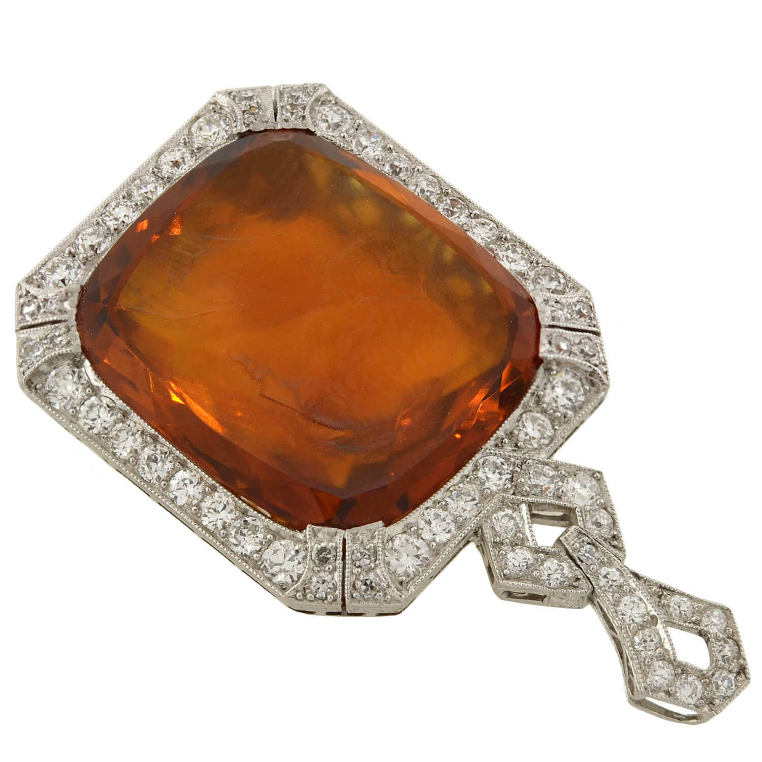 Vintage Art Deco Platinum Carved Citrine Cameo & Diamond Pendant Necklace - Elegant Jewelry for Weddings, Parties & Special Occasions