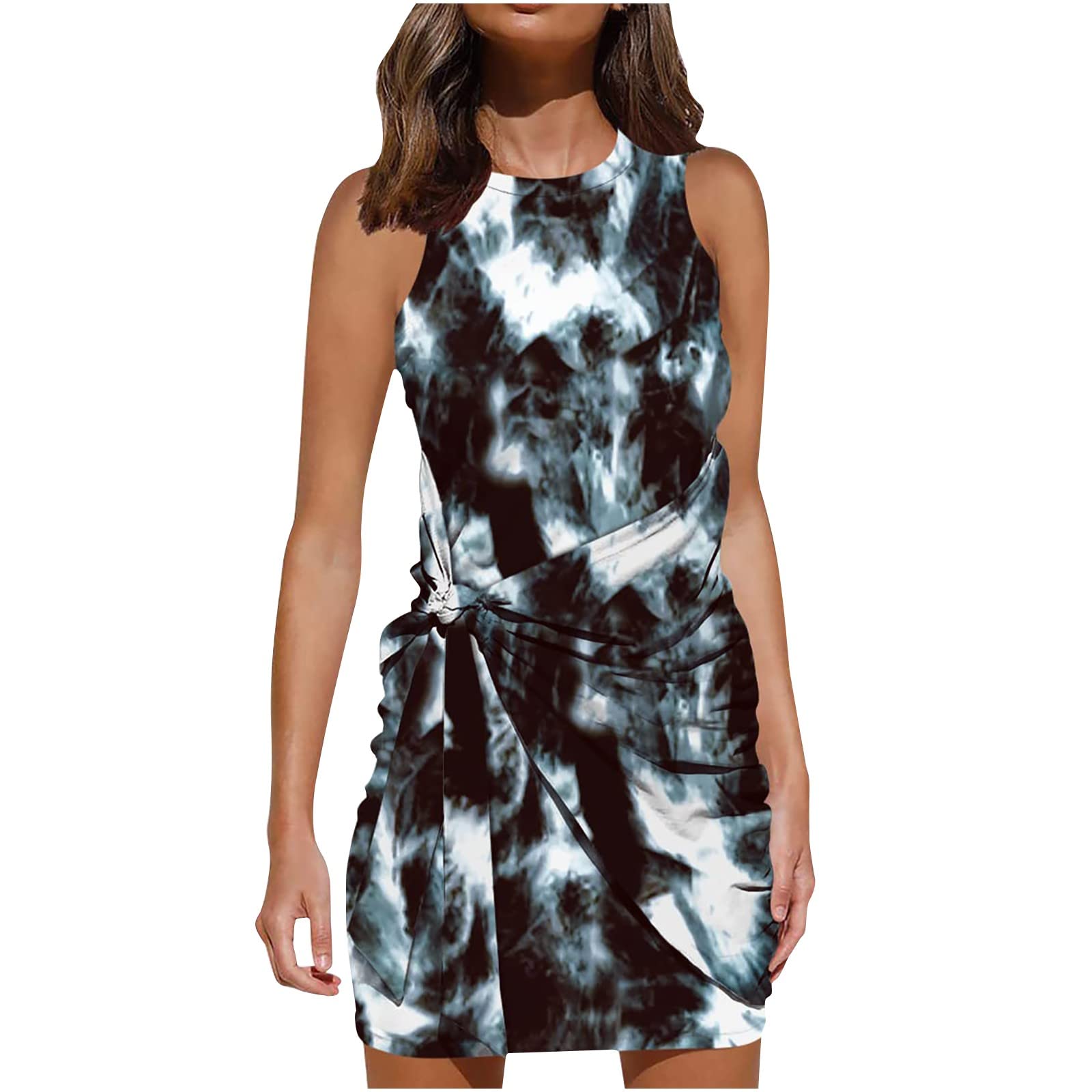 Women's Casual Short Sleeve Summer Dress - Crew Neck T-Shirt Style with Tie Waist & Ruched Bodycon Design | Perfect for Beach Outings, Date Nights and Summer Vacations