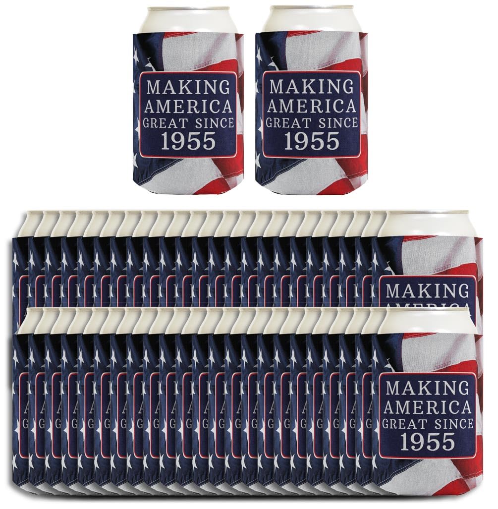 70th Birthday Party Favors for Adults - 48-Pack Patriotic US Flag Can Coolers & Koozies - Perfect for 4th of July, Memorial Day & BBQ Celebrations Since 1955
