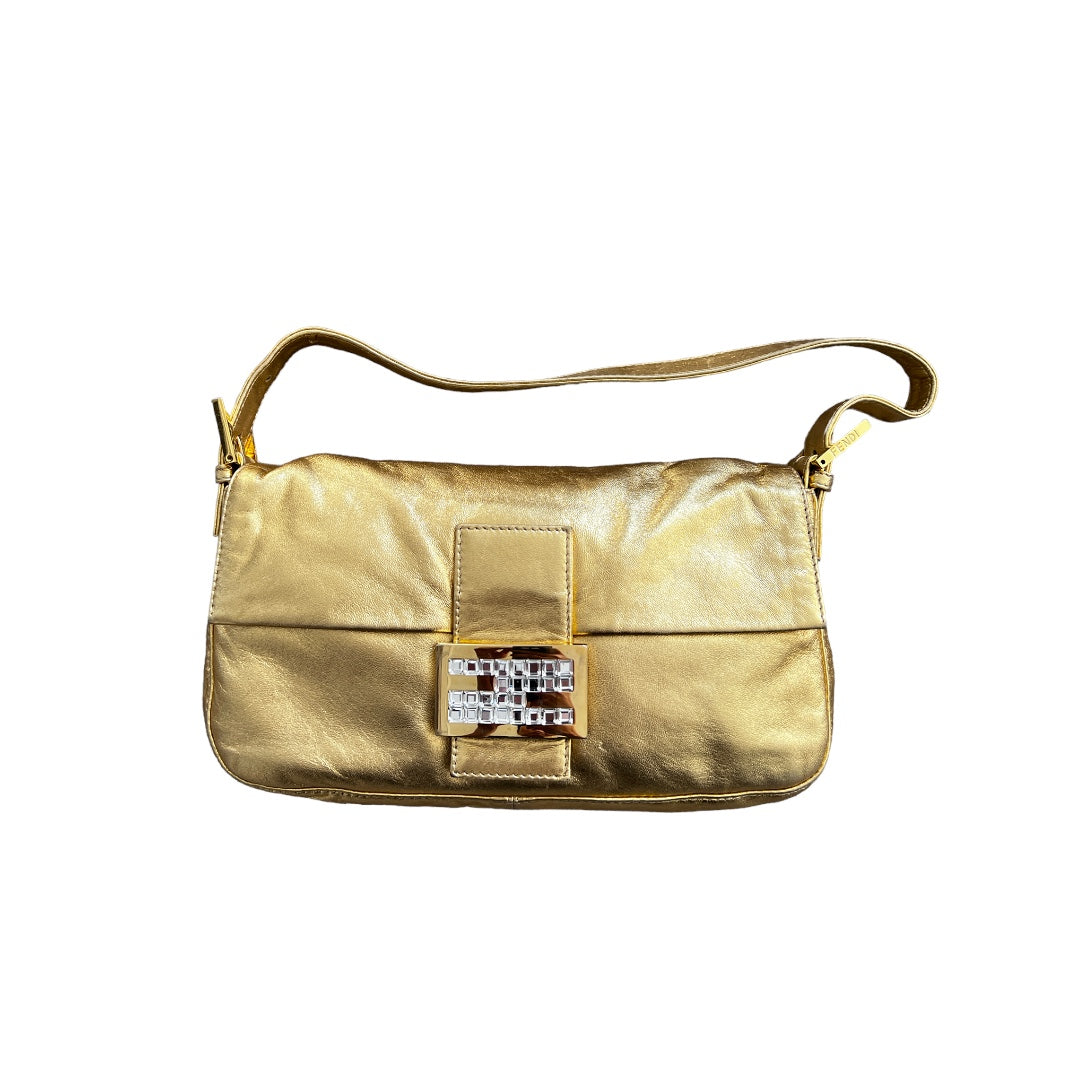 Vintage Fendi Rhinestone-Embellished Golden Baguette Bag - Luxury Evening Clutch for Parties, Weddings & Special Occasions