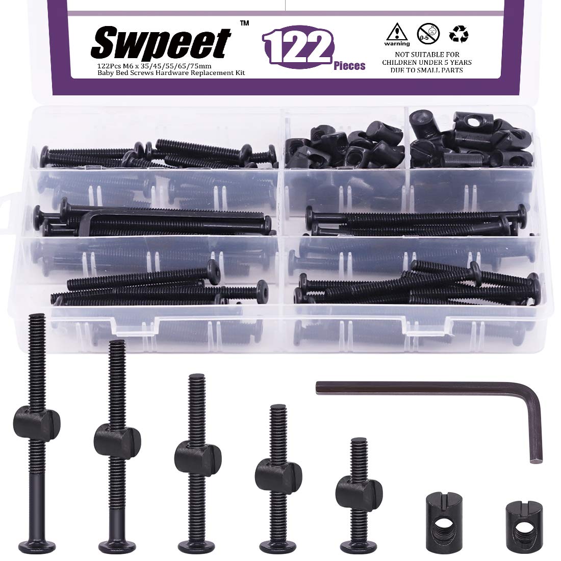 Swpeet 120Pcs Black M6 Crib Screws Kit with Allen Wrench - for Baby Beds & Furniture Assembly