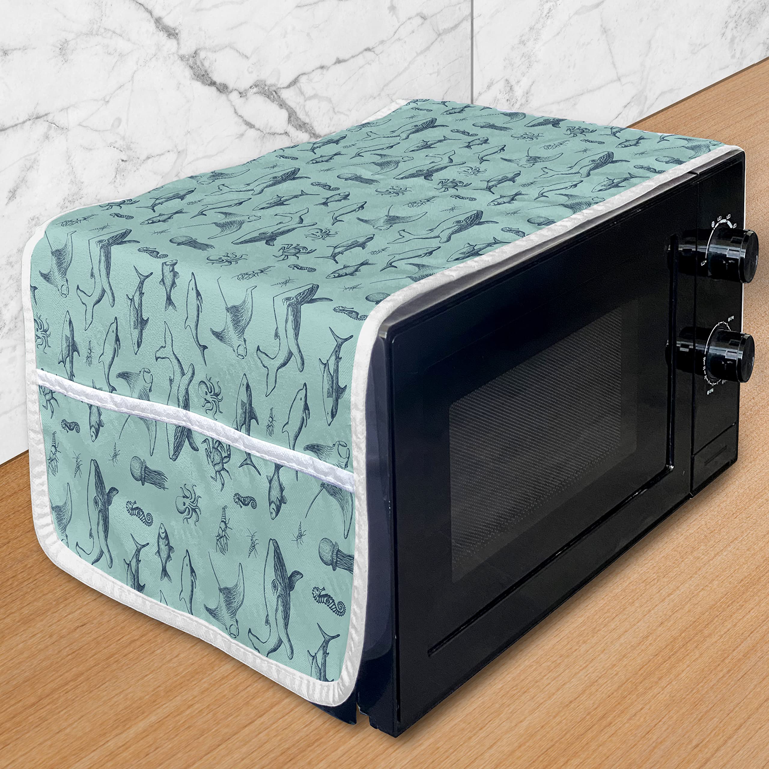 Ambesonne Nautical Microwave Oven Cover - Vintage Marine Style with Whale, Shark, Jellyfish & Seahorse Design - Water Resistant Kitchen Organizer with Pockets - 36