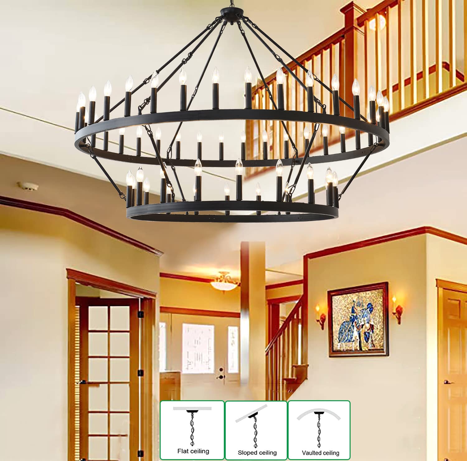 60 Inch Large Black Wagon Wheel Chandelier - 2 Tier 54-Lights Farmhouse Industrial Rustic Pendant Light Fixture for Dining Room, Kitchen, Living Room & Bedroom | Perfect for Country Style Home Decor & Cabin Lighting