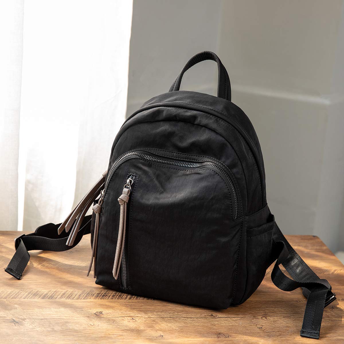 Mn&Sue Women's Waterproof Nylon Backpack Purse - Stylish Shoulder Bag for Outdoor Travel, Hiking & Daily Use (Black)