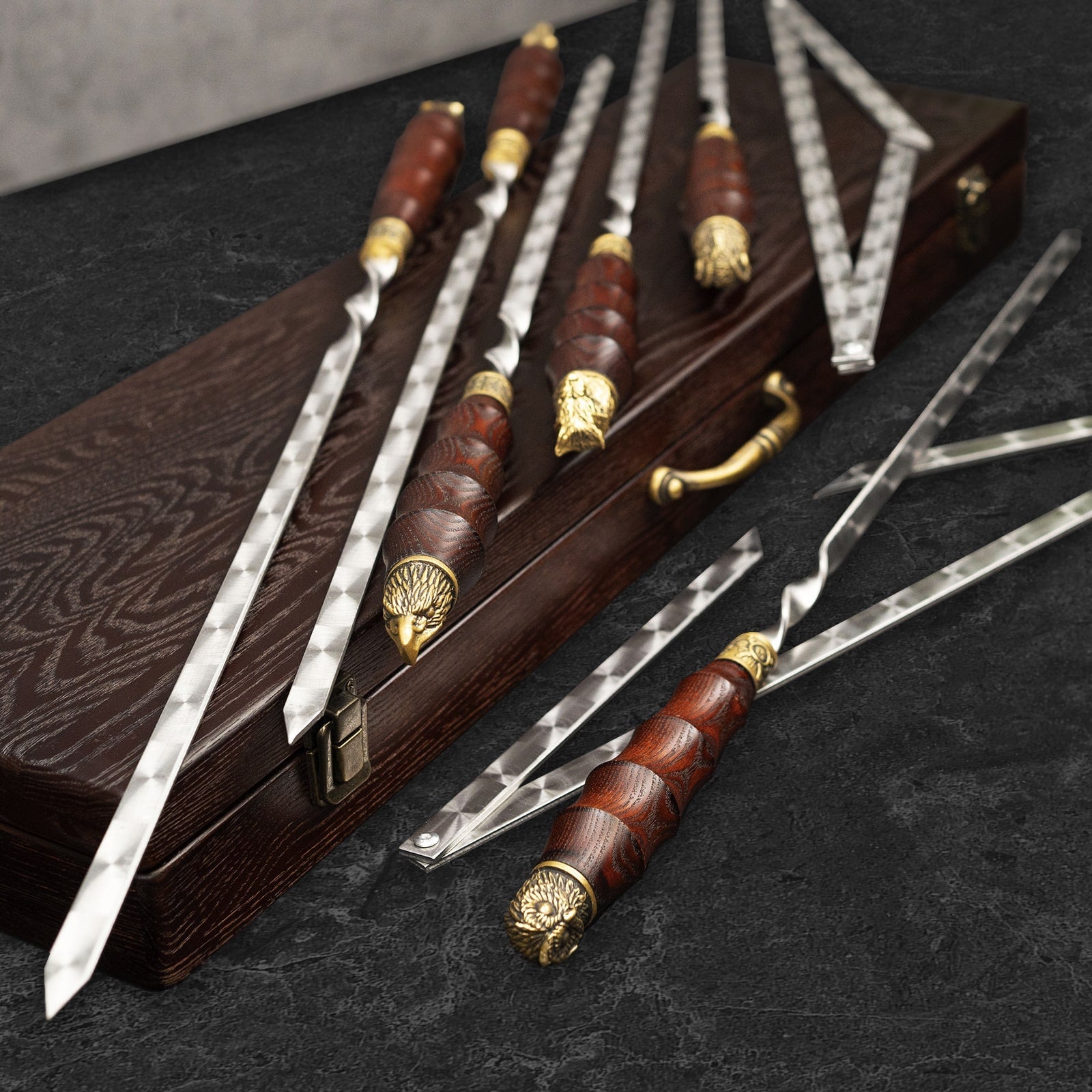 Premium Viking Skewers Set - 8-Piece Stainless Steel BBQ Skewers in Elegant Wooden Case - Perfect for Grilling, Camping, and Outdoor Cooking Parties