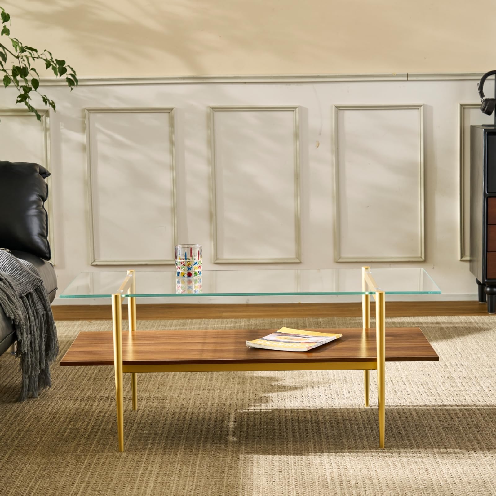Saint Mossi Tadio Modern Glass Coffee Table - Clear Double Layer Design with Coffee Brown Bottom Shelf for Living Room | Perfect for Lounge, Family Gatherings & Home Decor