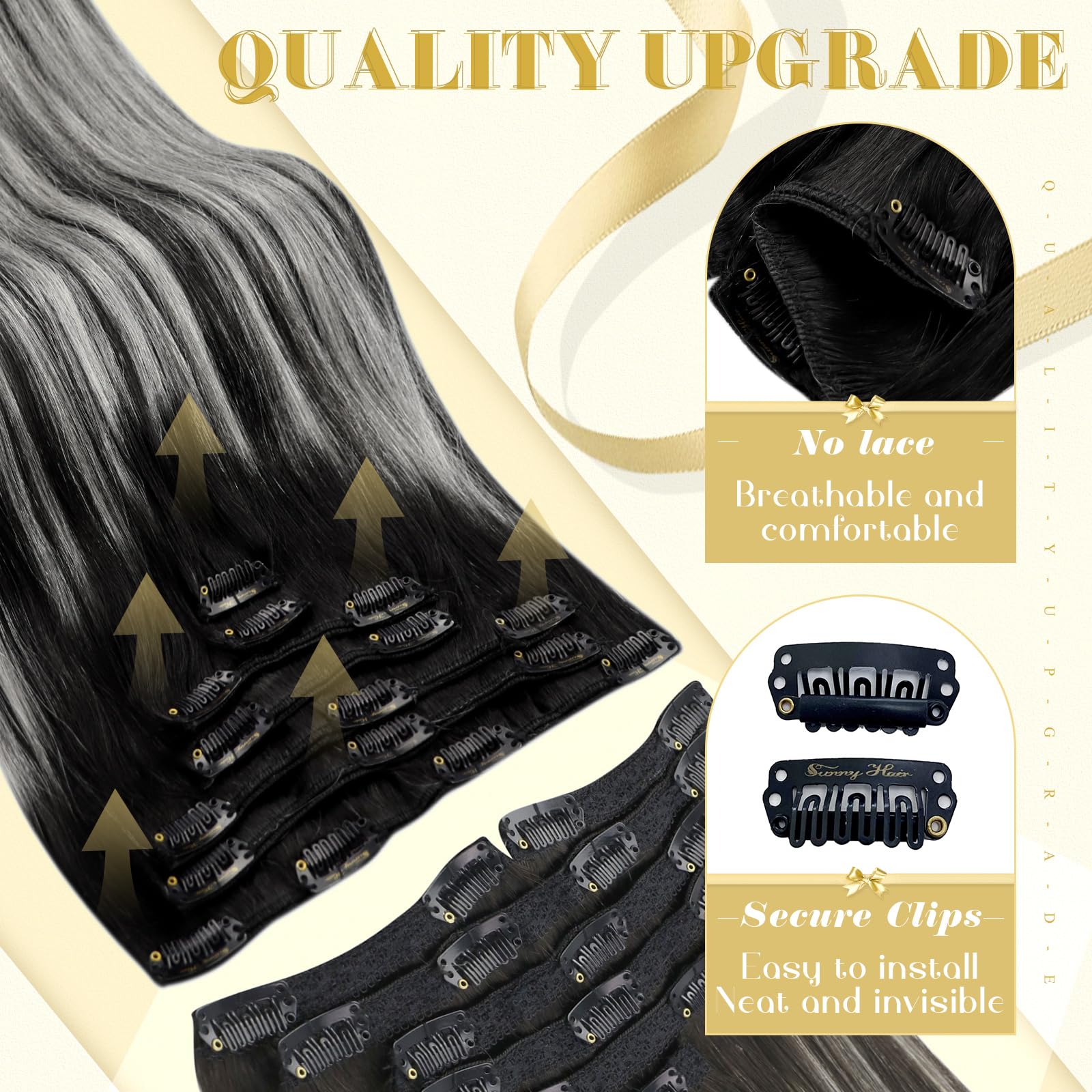 Ve Sunny Ombre Clip-in Hair Extensions 20 Inch - 7pcs 120g Real Human Hair, Natural Black to Grey Silver Ombre - Perfect for Women's Daily Styling, Parties & Special Events