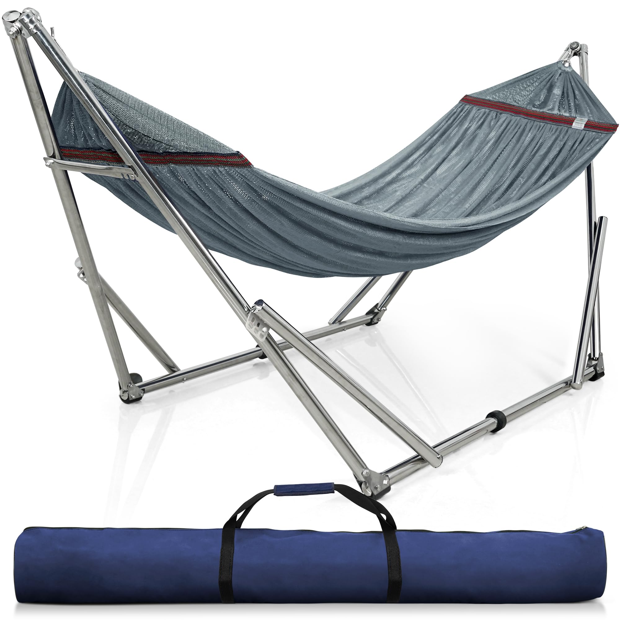 Tranquillo Adjustable Hammock Stand with Carry Bag - 650 lbs Capacity Foldable Steel Frame & Breathable Polyester Net for Camping, Backyard, Beach (Grey) | Perfect for Outdoor Relaxation & Travel