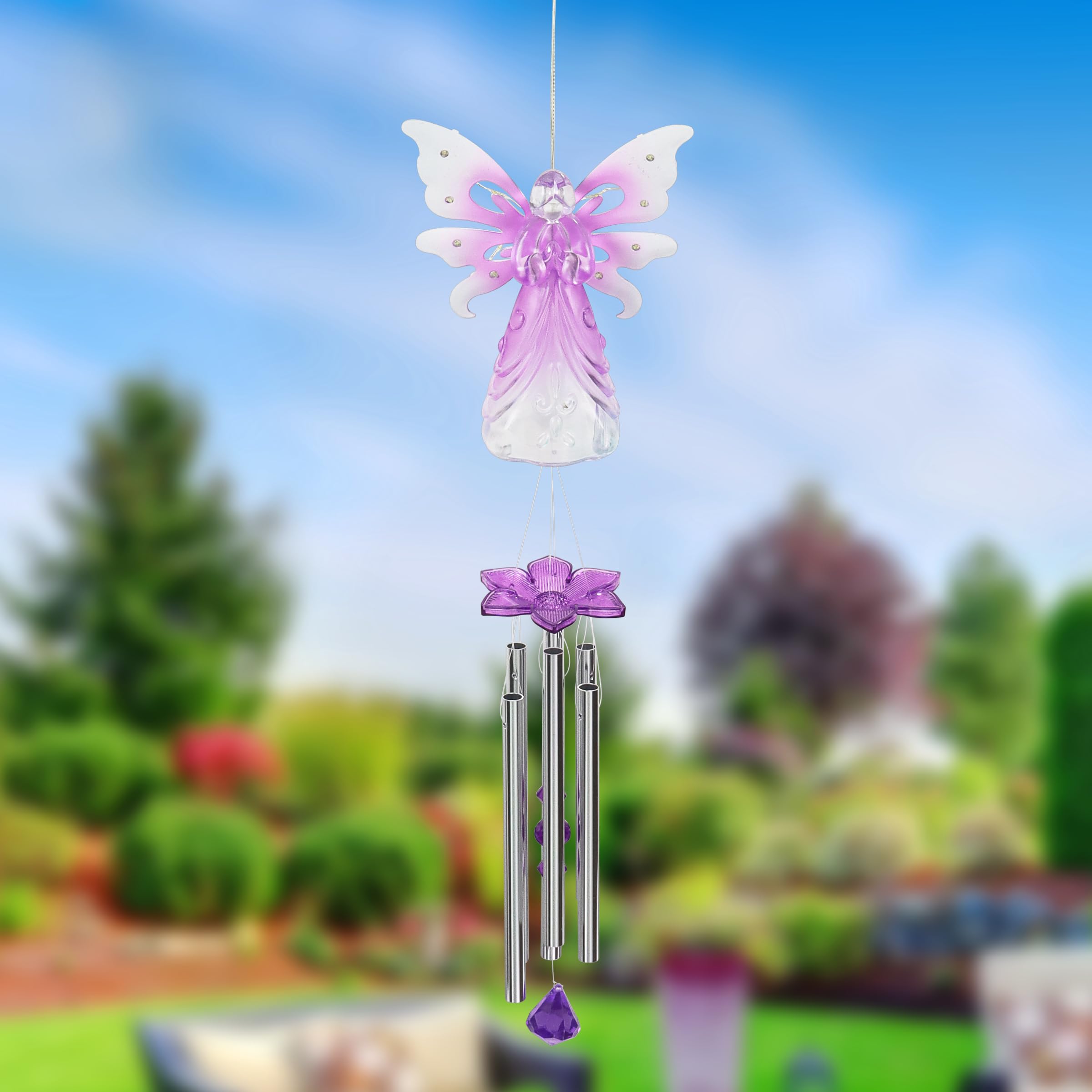 Solar-Powered Angel Wind Chime with 13 LED Firefly Lights - Purple Acrylic Metal Wings for Outdoor Garden, Patio, and Yard Decoration (6.5 x 4 x 42 Inch) - Perfect for Relaxing Evenings and Backyard Ambiance