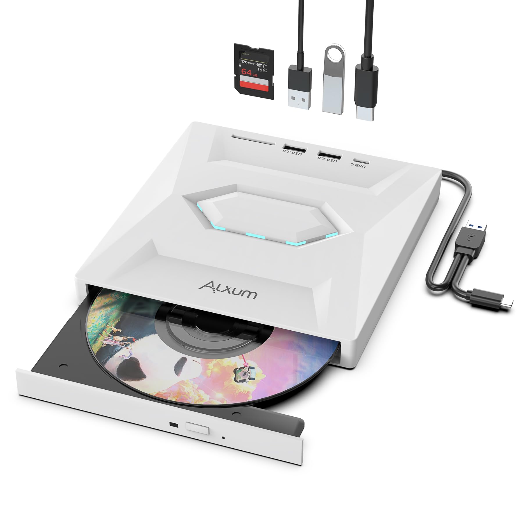 Alxum External USB DVD Drive - USB 3.0 & Type-C CD/DVD Burner with SD Card Slot & Extra USB Ports | 8X DVD & 24X CD Super Fast Speed | Compatible with Laptop, PC, Windows, Mac OS, Linux, Vista | Perfect for Watching Movies, Burning CDs, Data Backup & File Transfer