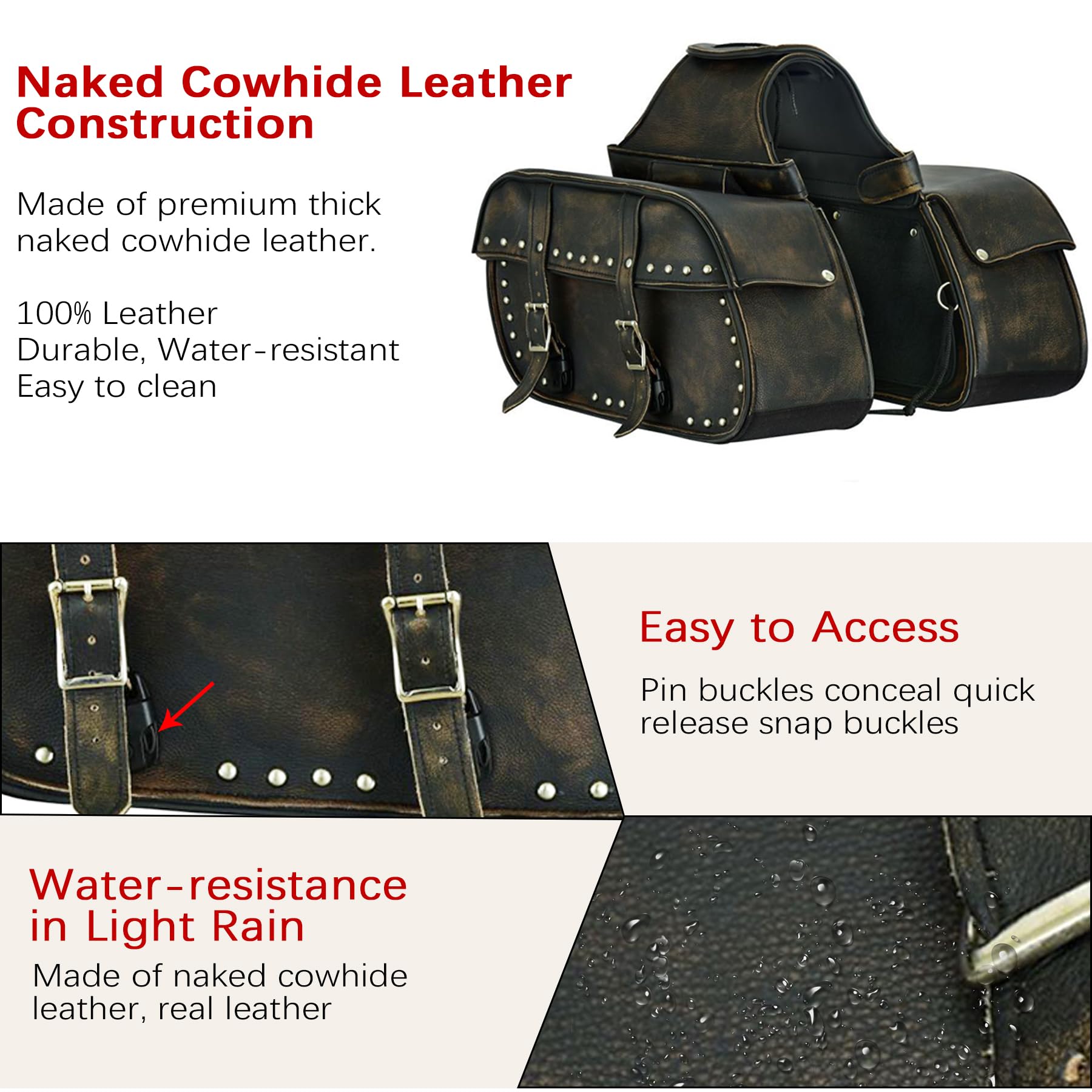 Dream Apparel Genuine Cowhide Leather Motorcycle Saddlebags - Studded Throw Over Side Bags for Honda Shadow, Sportster, Softail, Dyna & V-Star Cruisers (Distressed Brown) | Waterproof Storage for Road Trips & Daily Commute