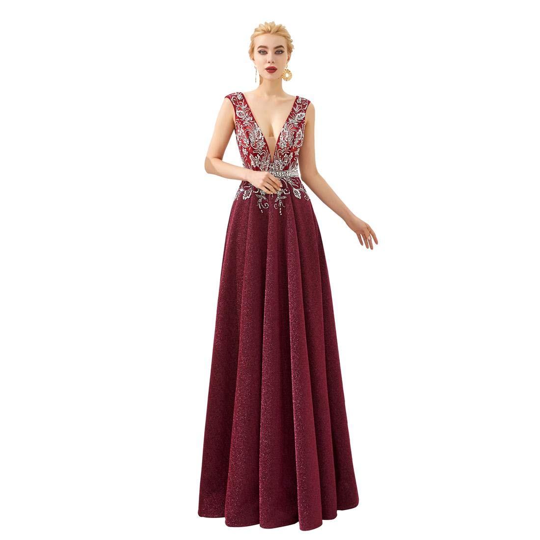 Haixiangdress Women's Tulle Beaded A-Line V-Neck Sleeveless Backless Evening Gown - Elegant Long Bridesmaid Dress for Prom, Wedding, Cocktail Party & Formal Events