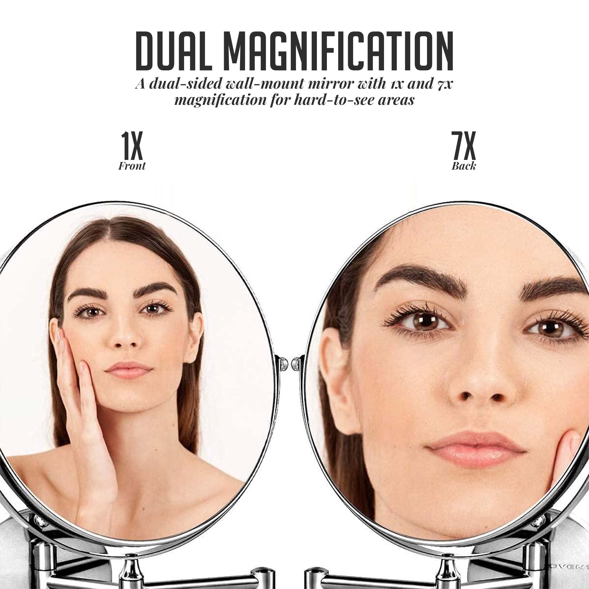 OVENTE 9 Inch Wall Mounted Makeup Mirror with 1X & 7X Magnification - Double Sided Round Bathroom Vanity Mirror, 360° Swivel Design, Extendable Folding Arm, Polished Chrome Finish - Perfect for Makeup Application, Shaving & Skincare Routine (MNLFW90CH1X7X)