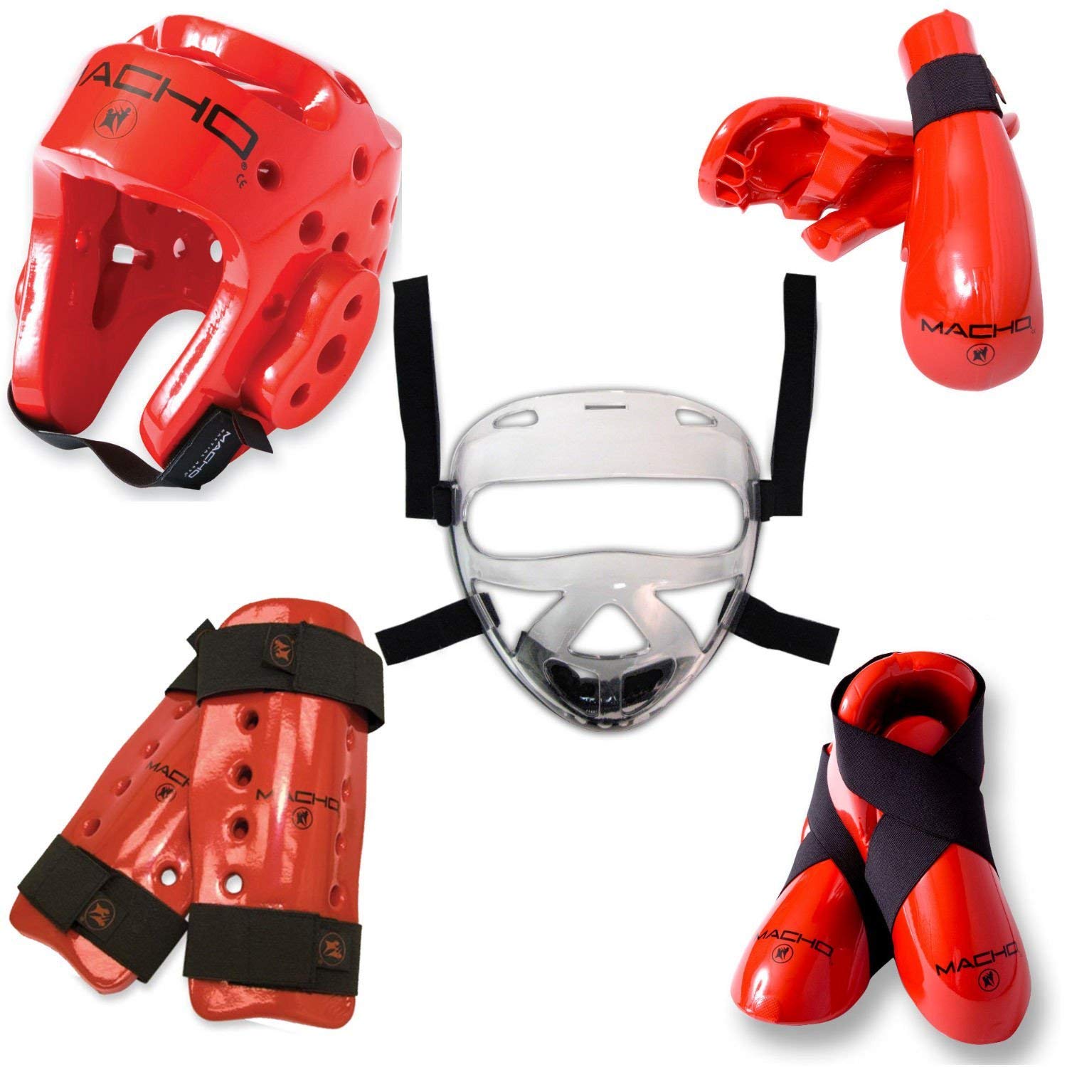 Macho Dyna 8-Piece Sparring Gear Set with Shin Guards & Face Shield - Red, Adult Medium - MMA, Kickboxing & Martial Arts Training Equipment