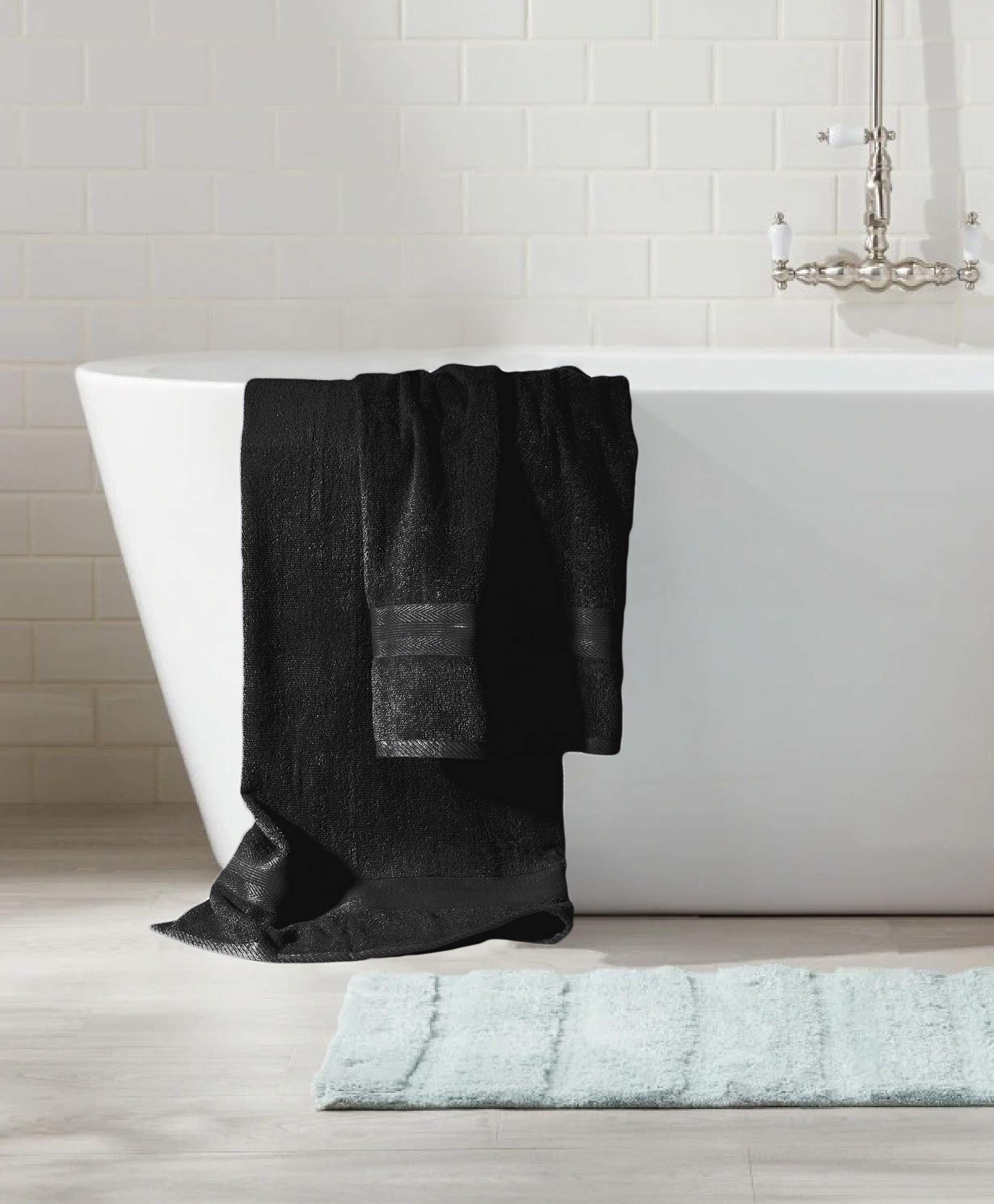 BOUTIQUO 8-Piece Black Bath Towel Set - 100% Ring Spun Cotton, Ultra Soft & Highly Absorbent - Includes 2 Bath Towels (27x54 inches), 2 Hand Towels (16x28 inches), 4 Washcloths (13x13 inches) - Perfect for Bathroom, Spa, Gym & Guest Use