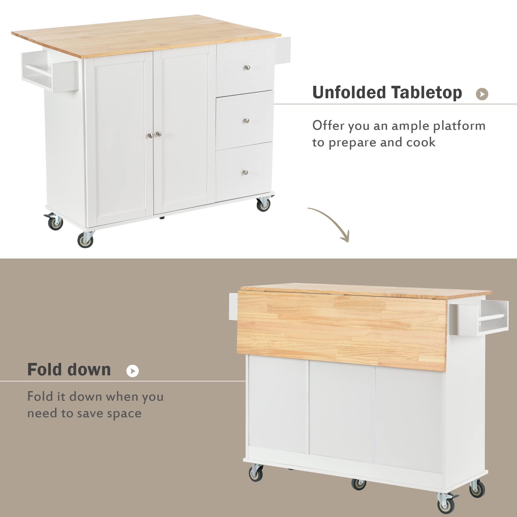 HABITRIO White Kitchen Island Cart with Extendable Solid Wood Table Top - Multi-Functional Counter Height Kitchen Cart with Storage Cabinet, Drawers, Spice Rack & Towel Rack - Perfect for Small Kitchen, Dining Room or Breakfast Nook